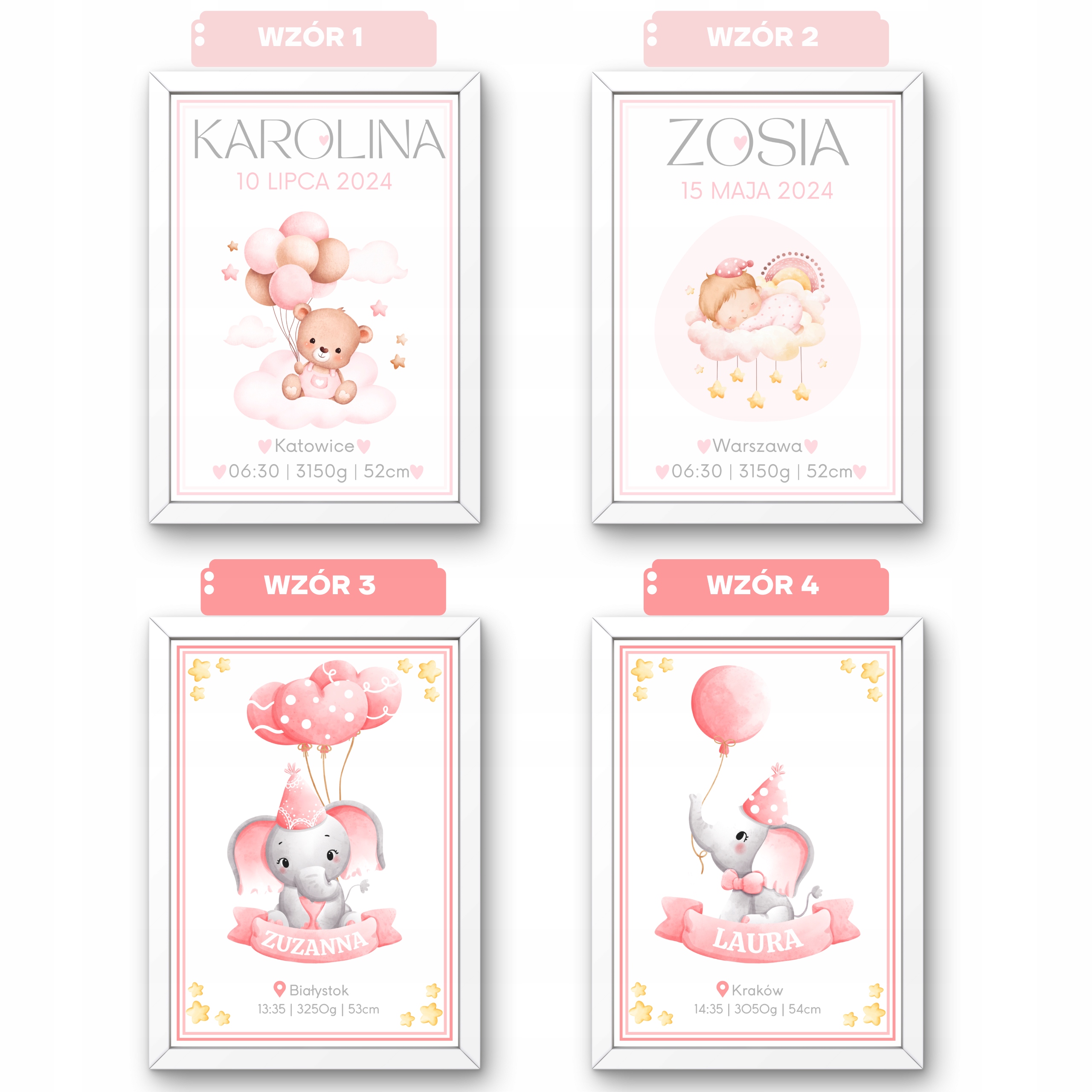 METRYCZKA dla dziewczynki PLAKAT RAMKA RÓŻNE WZORY Narodziny Chrzest Roczek Długość 33 cm