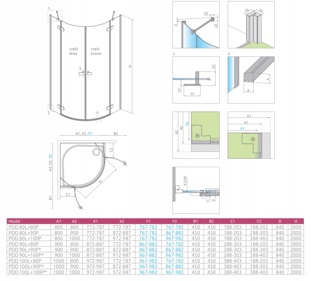 Kabina półokrągła FUENTA PDD 90x90x200 RADAWAY Typ bez brodzika