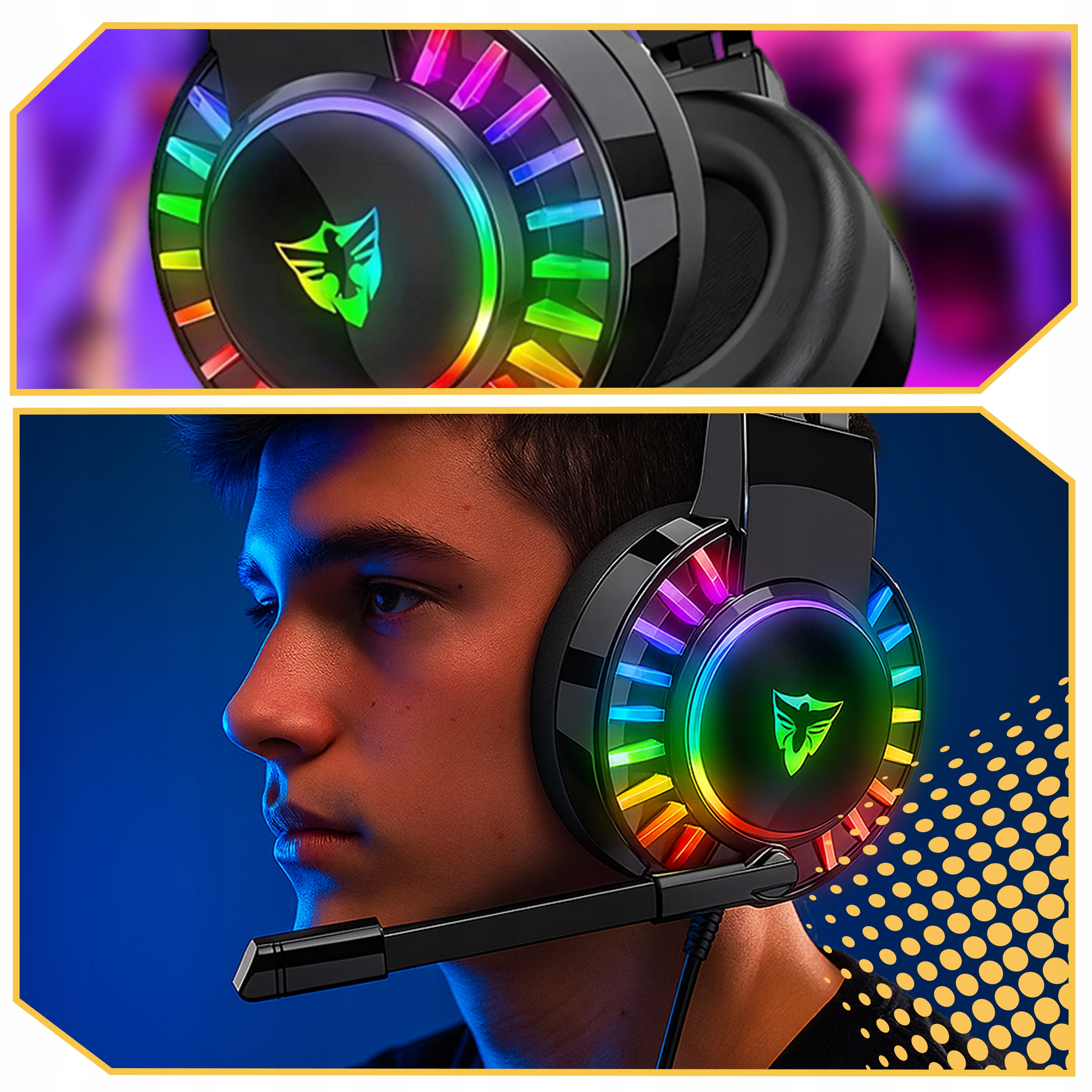 SŁUCHAWKI GAMINGOWE DLA GRACZY PRZEWODOWE Z MIKROFONEM LED RGB PC NAUSZNE Impedancja 32 Ω