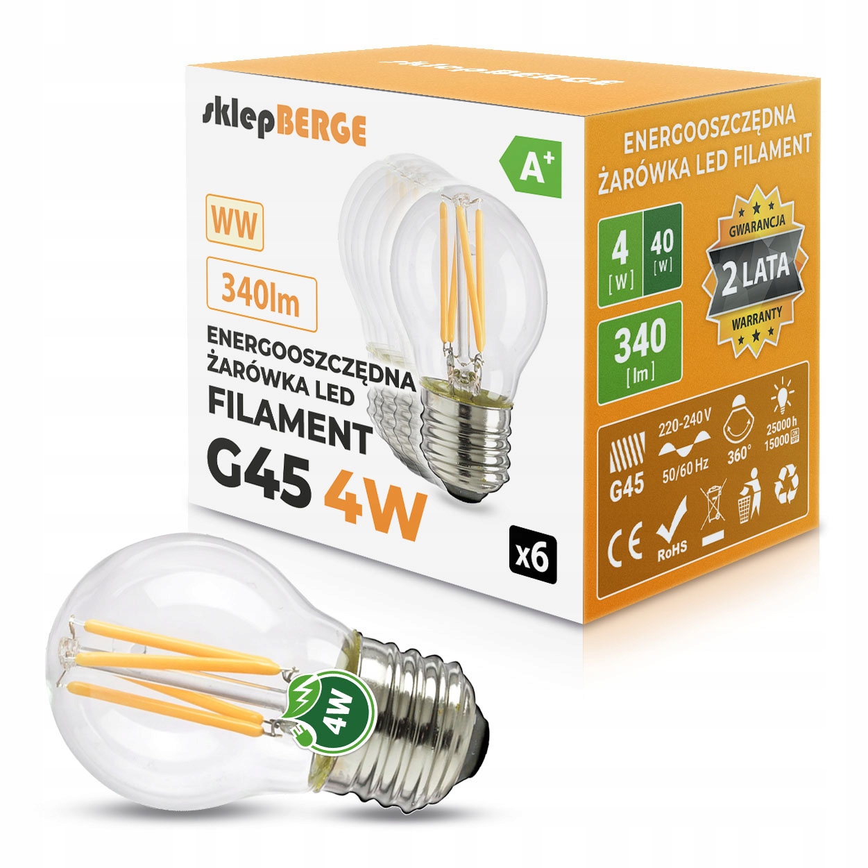 

6x Żarówka Led E27 G45 4W filament edison ozdobna