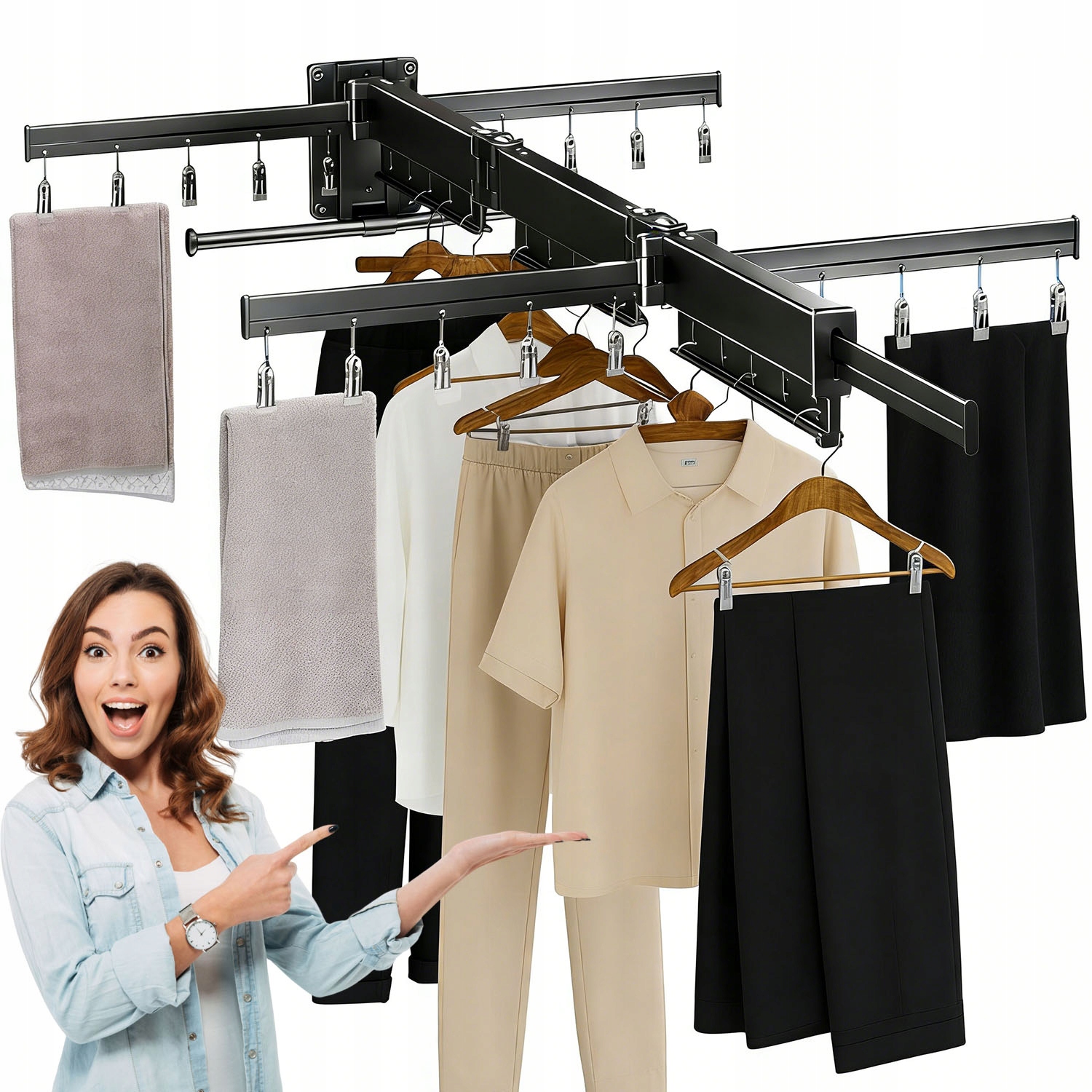 124 CM Skládací Věšák Na Oblečení, Sušák Na Prádlo, Montáž Na Stěnu, Černý