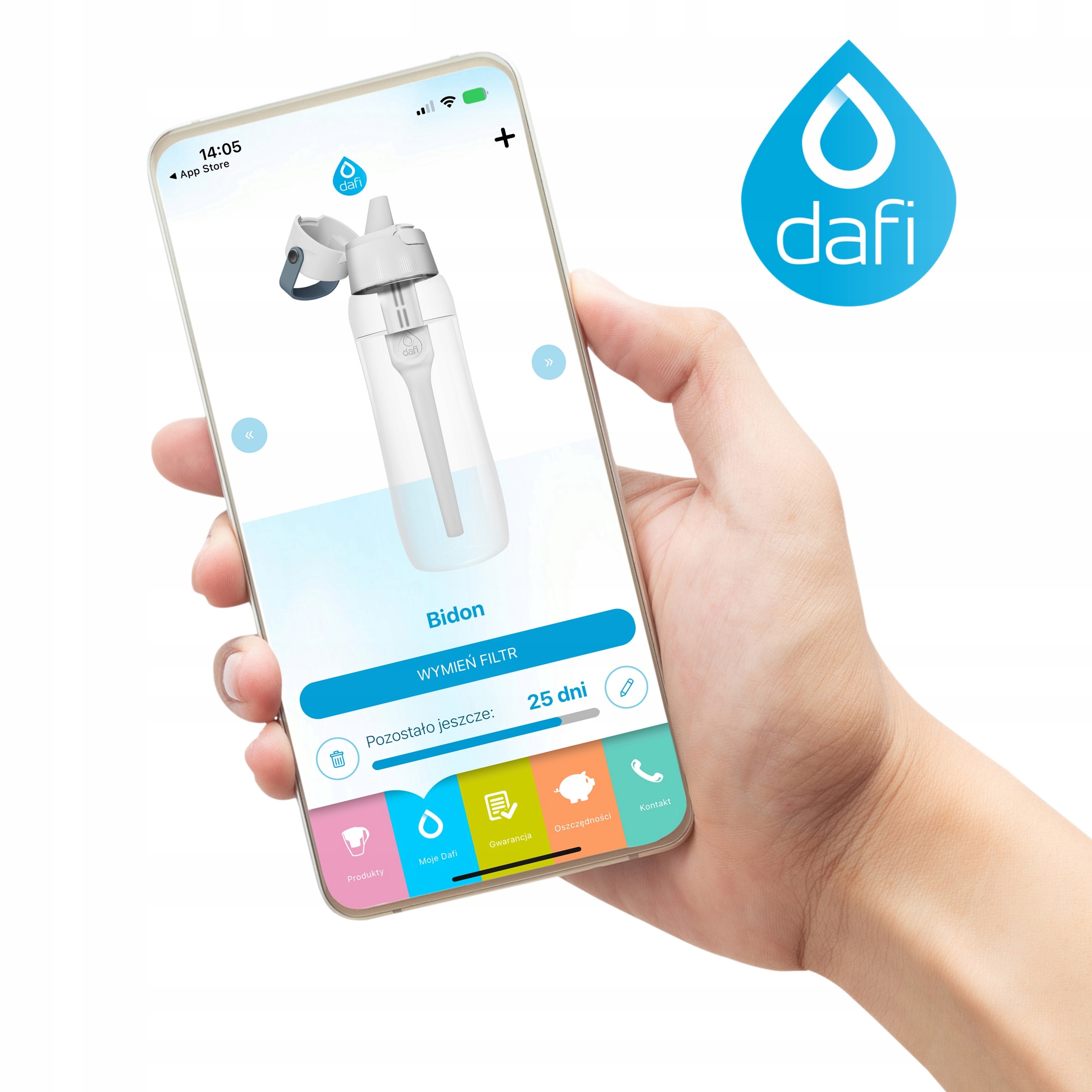 Butelka filtrująca wodę bidon DAFI SOLID 0,5l jeansowa szara APLIKACJA Kolor dominujący srebrny/szary