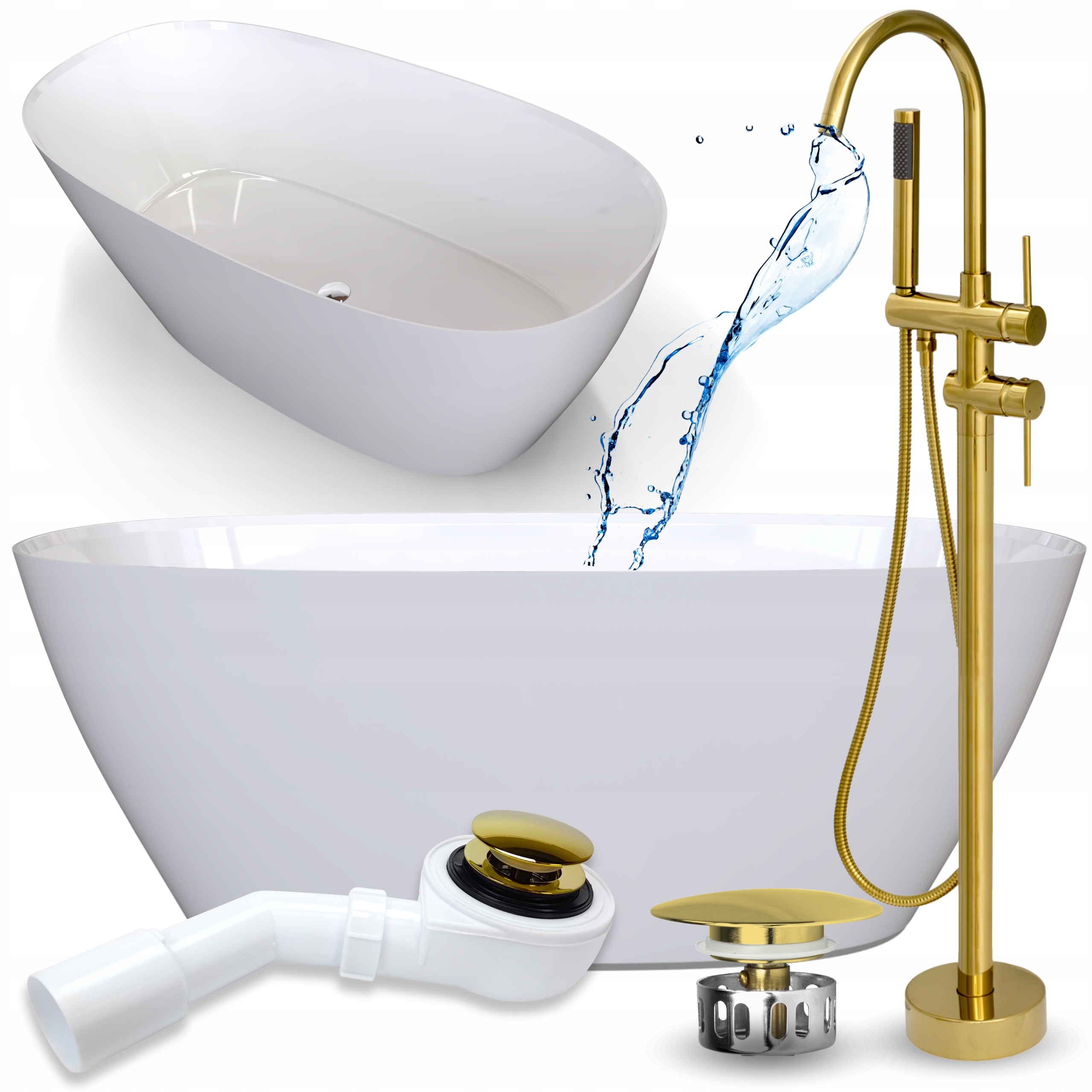 Volně Stojící Vana S Vanovou Baterií, Vanový Sifon Klik Klak, Zlatý Set