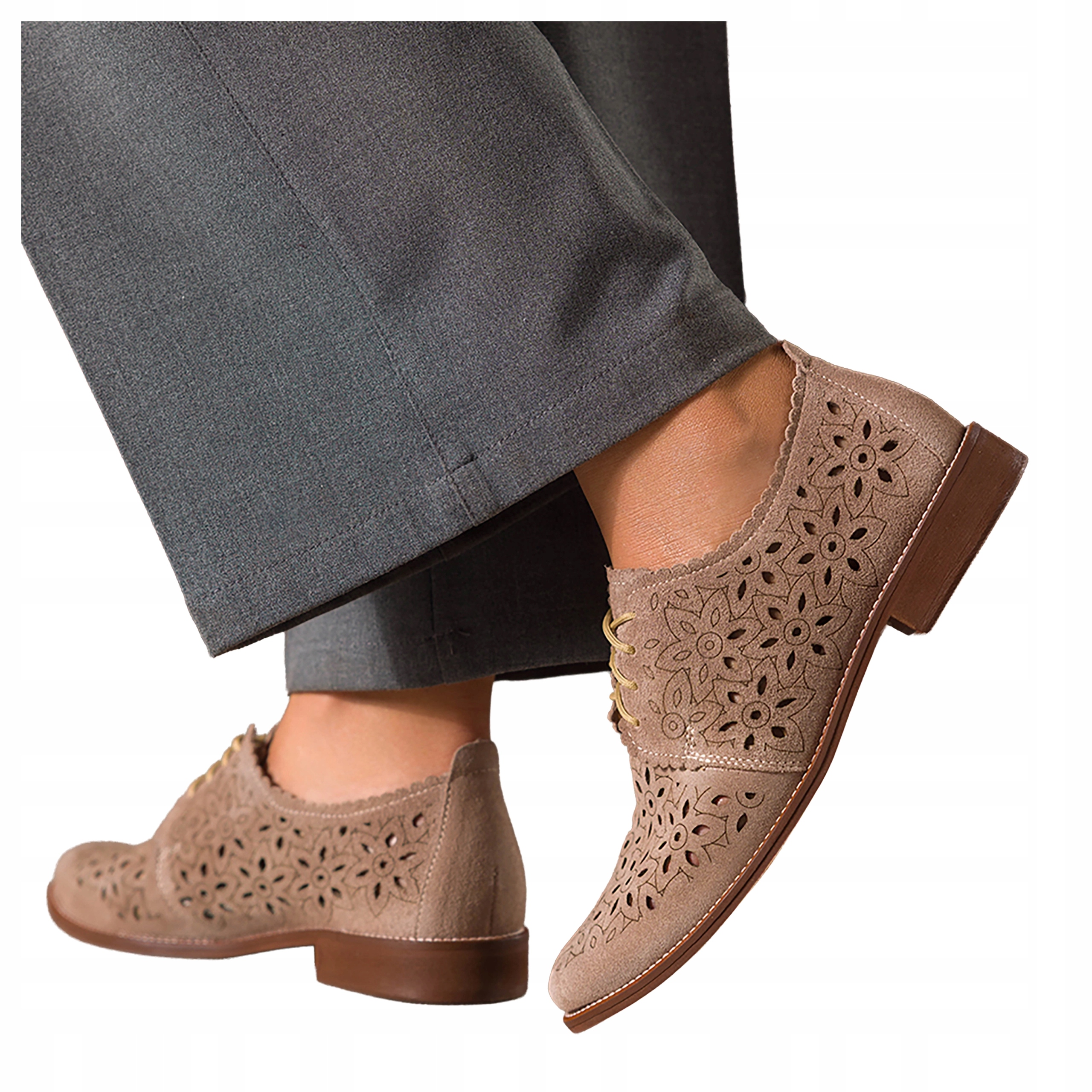 Béžové dámské semišové Polobotky Ploché Ažurové Šněrovací Kožené vel 41