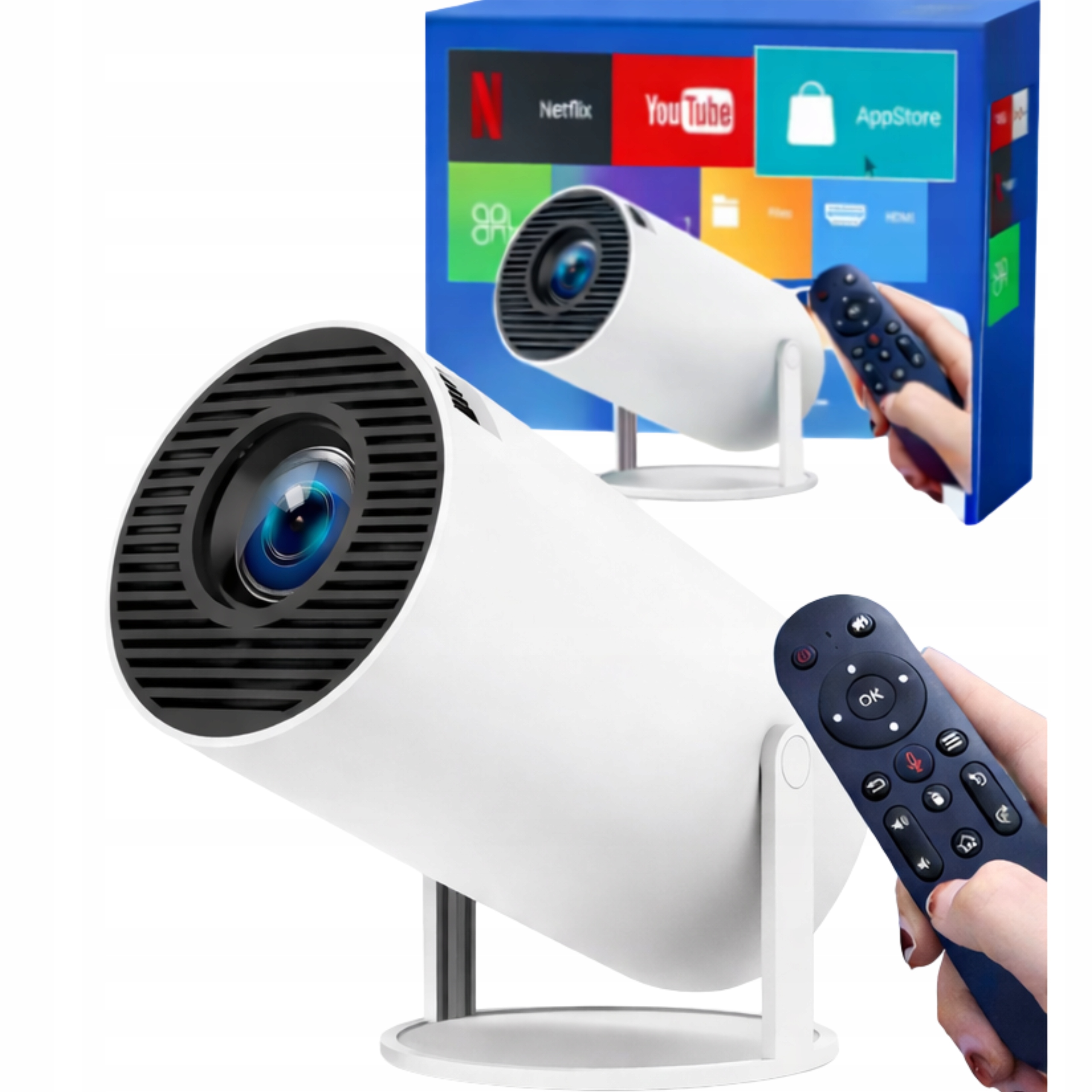 PROJEKTOR RZUTNIK 4K PRZENOŚNY OBROTOWY LED Z GŁOŚNIKIEM ANDROID WIFI MAŁY