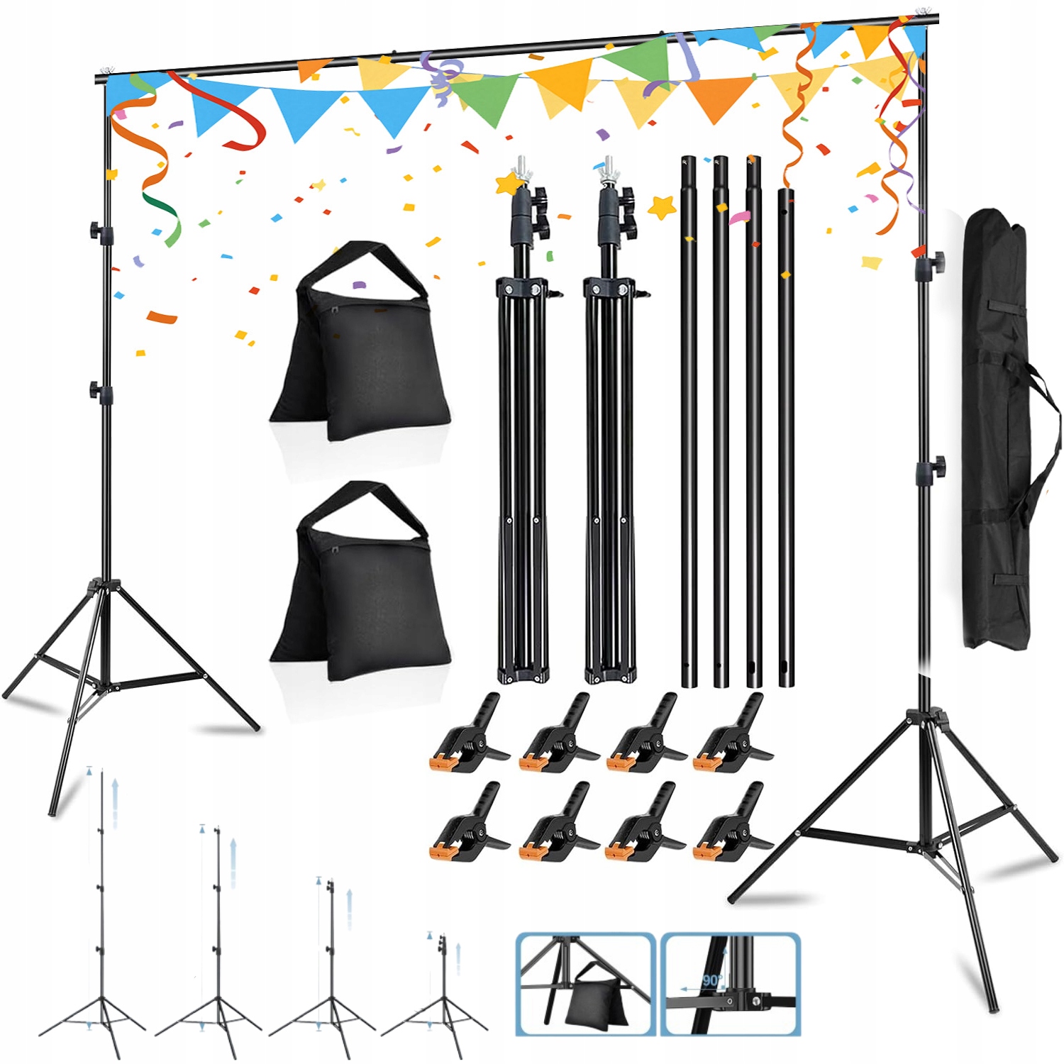 Stativ Pro Fotografické Pozadí Teleskopický Set 210 X 300 CM S Přezkou, Černý