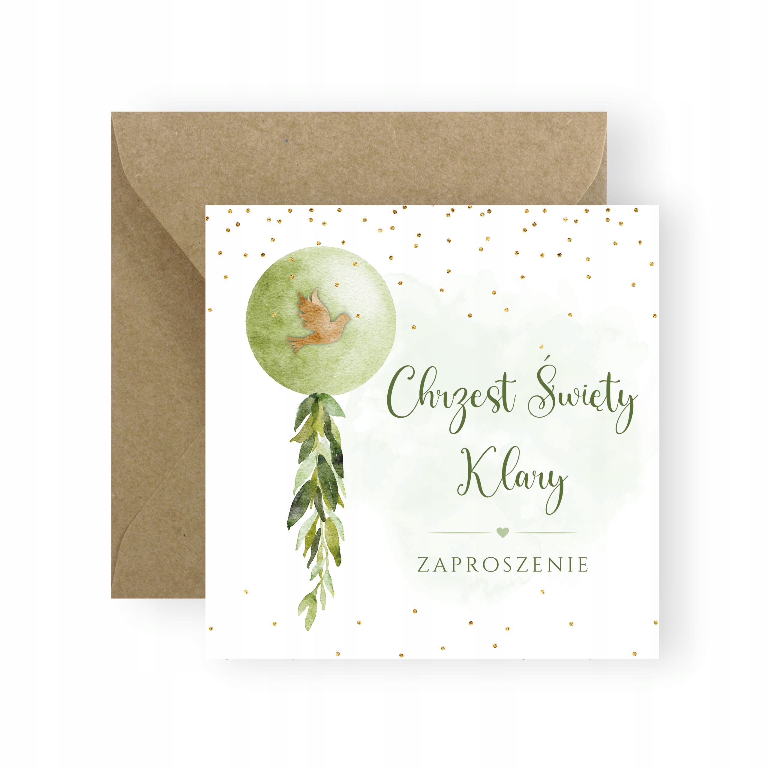 ZAPROSZENIA NA CHRZEST + IMIĘ + KOPERTA DELIKATNE ZIELONY BALONIK