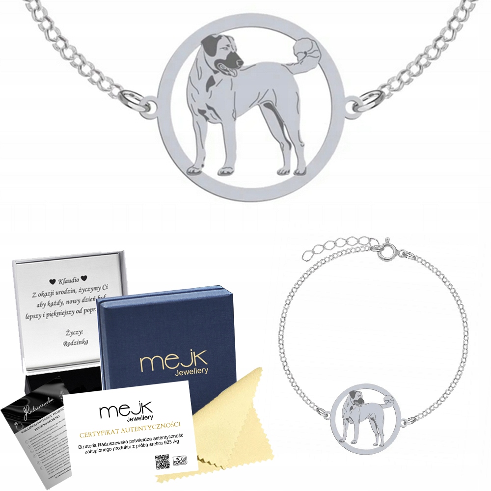 Stříbrný náramek s psem Kangal 925 Řetízek Šperky jako Dárek Gravírování