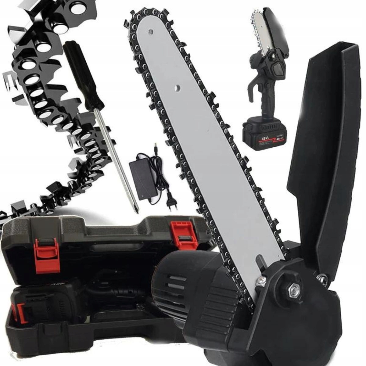 AKUMULATOROWA MINI PIŁA ŁAŃCUCHOWA, PILARKA DO DREWNA GAŁĘZI ZESTAW 48V Zasilanie akumulatorowe