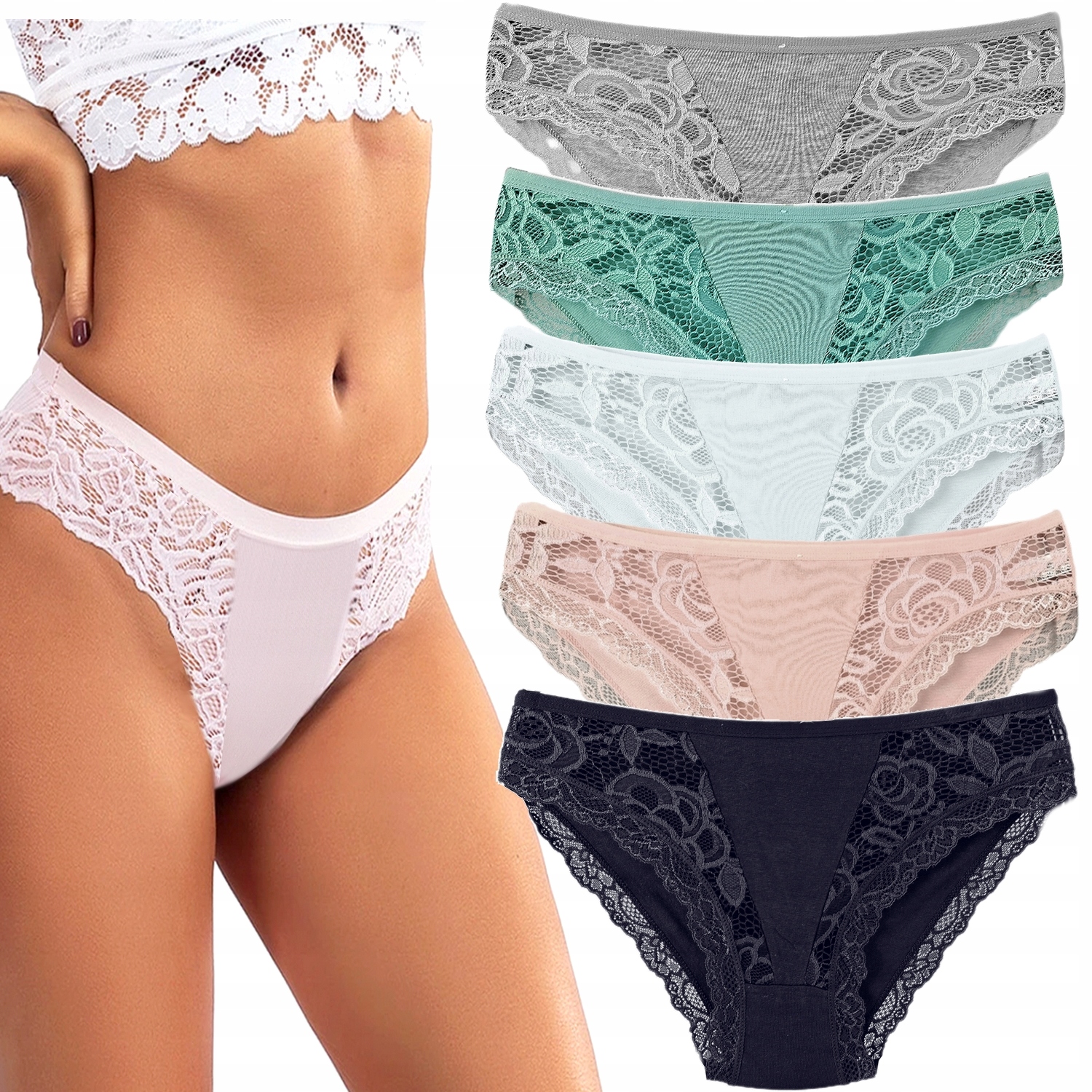 

5PAK Majtki Figi Koronkowe Bawełniane XL 201