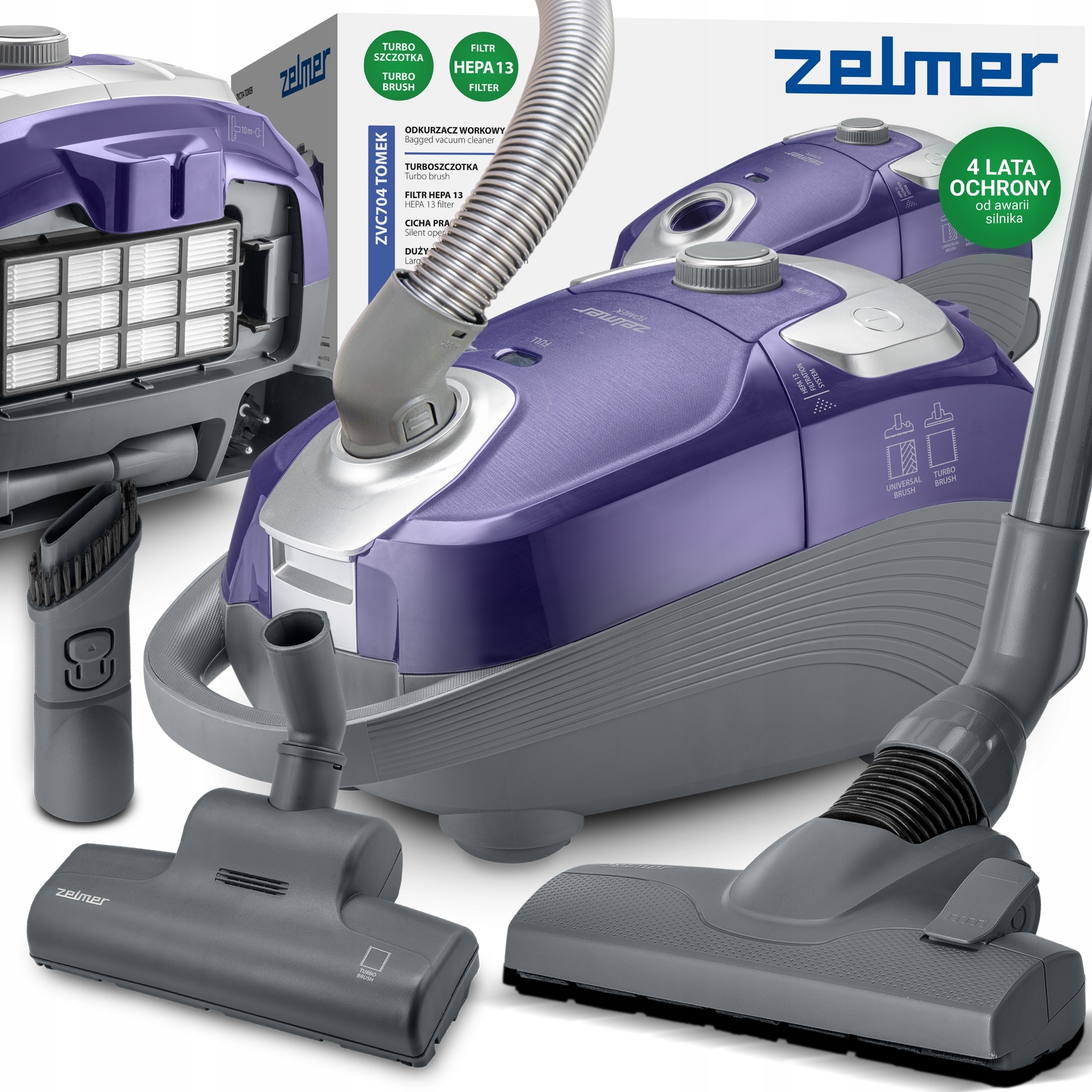 Odkurzacz Workowy Zelmer Tomek Tradycyjny Filtr Hepa Ultra Cichy 64dB 800W