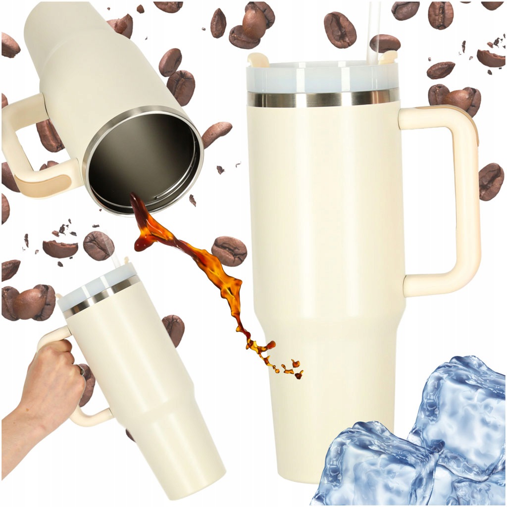 Kubek Termiczny Ze Słomką I Uchwytem Termos 1200ML Kremowy