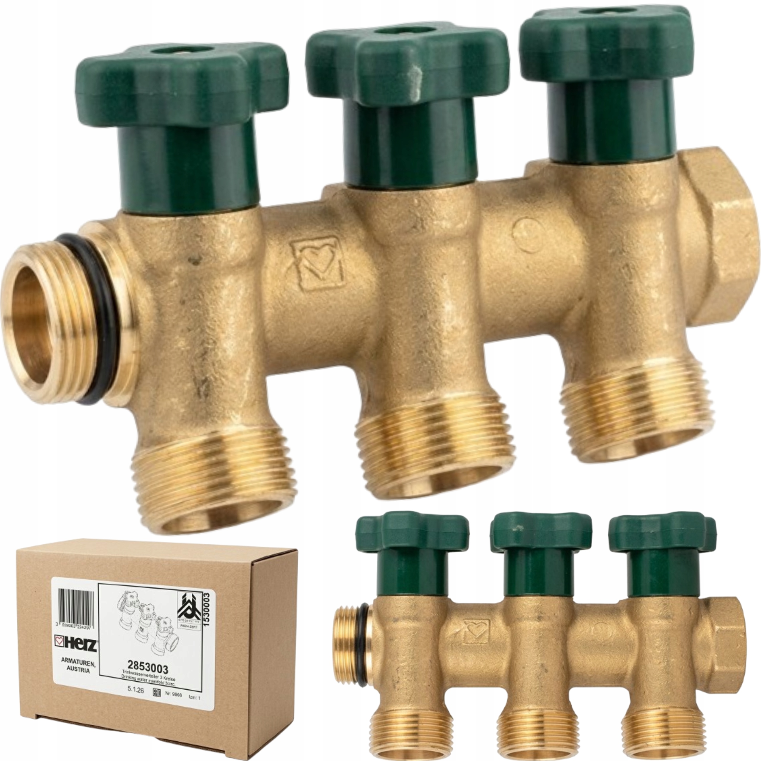 Mosazný Rozdělovač 3 Okruhy Sekcí Pro Pitnou Užitkovou Vodu Herz T-less