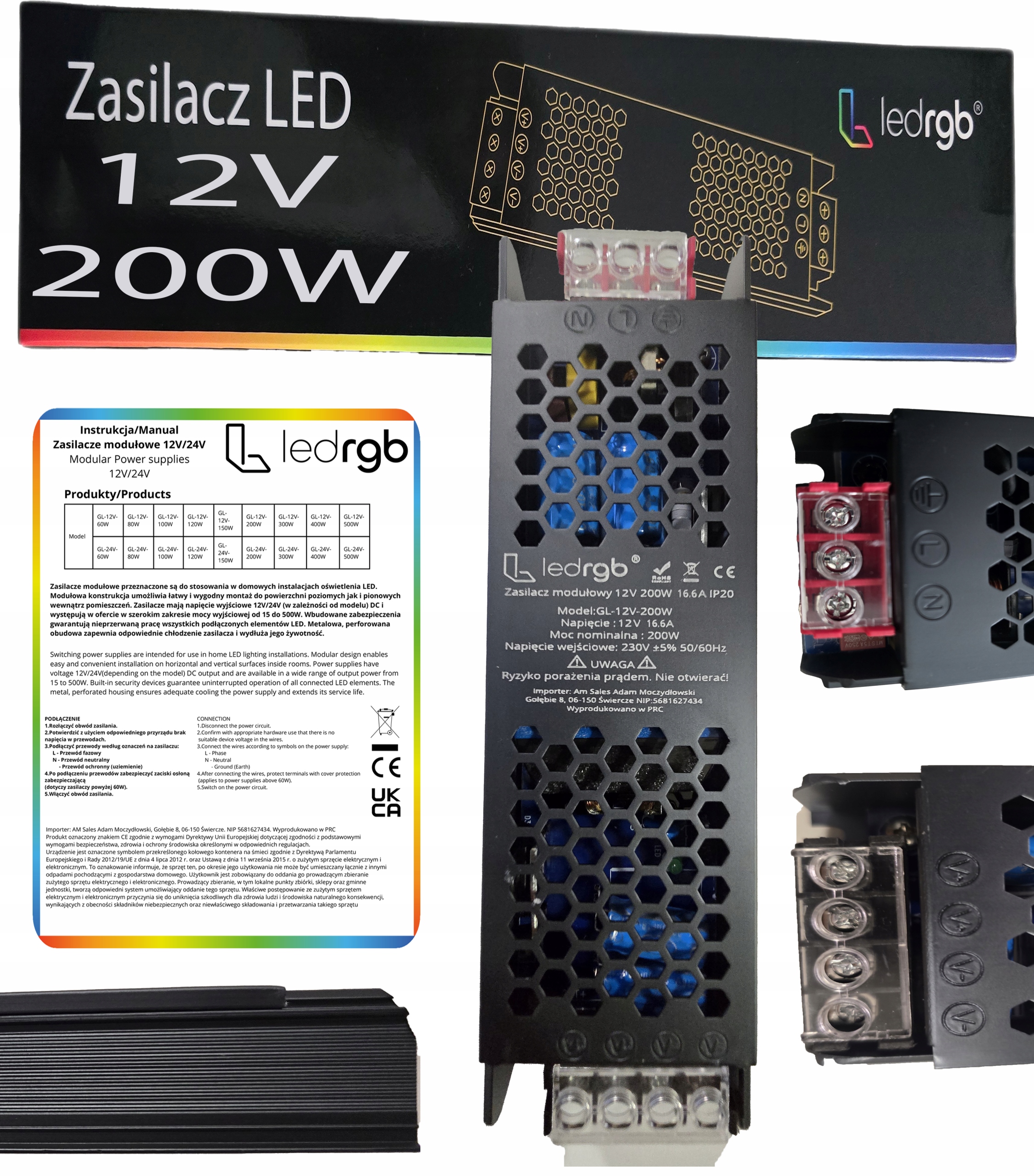 Montážní napájecí zdroj 12V 16.6A 200W Premium pro Led modulární Ac DC Slim Silný