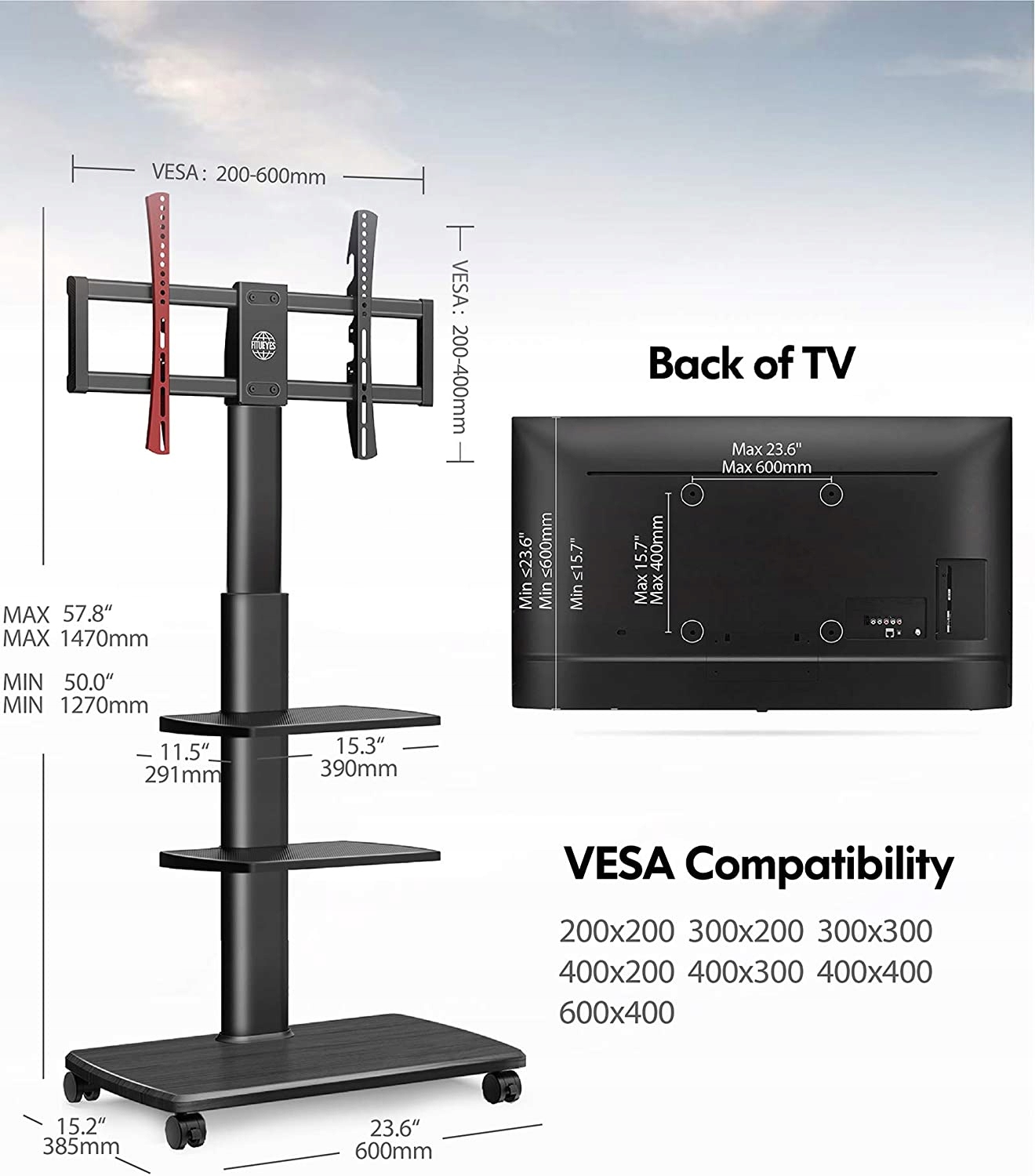 STOJAK TV 2 PÓŁKI KÓŁKA 32-60 CALI 30 KG DESIGN Model TT306503