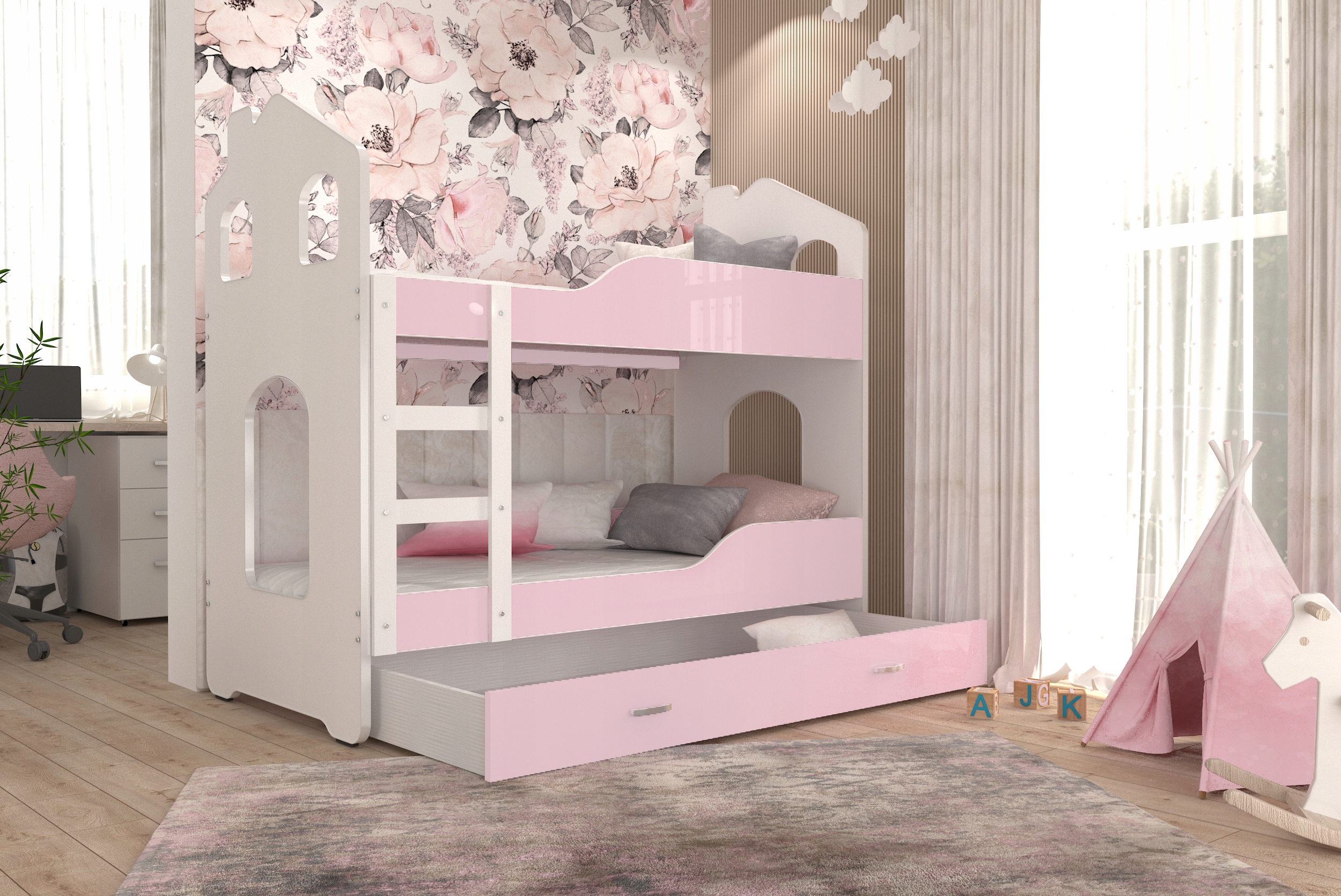 Łóżko piętrowe 160x80 białe szare DOMINIK DOMEK Kod producenta P-DMND-X-080-160-SZA-BIA-SZA-MP-SF