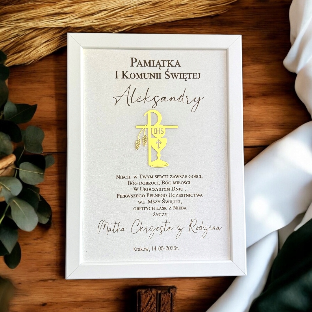 PREZENT NA KOMUNIE PAMIĄTKA PIERWSZEJ KOMUNII ŚWIĘTEJ PERSONALIZOWANY RAMKA Marka inna