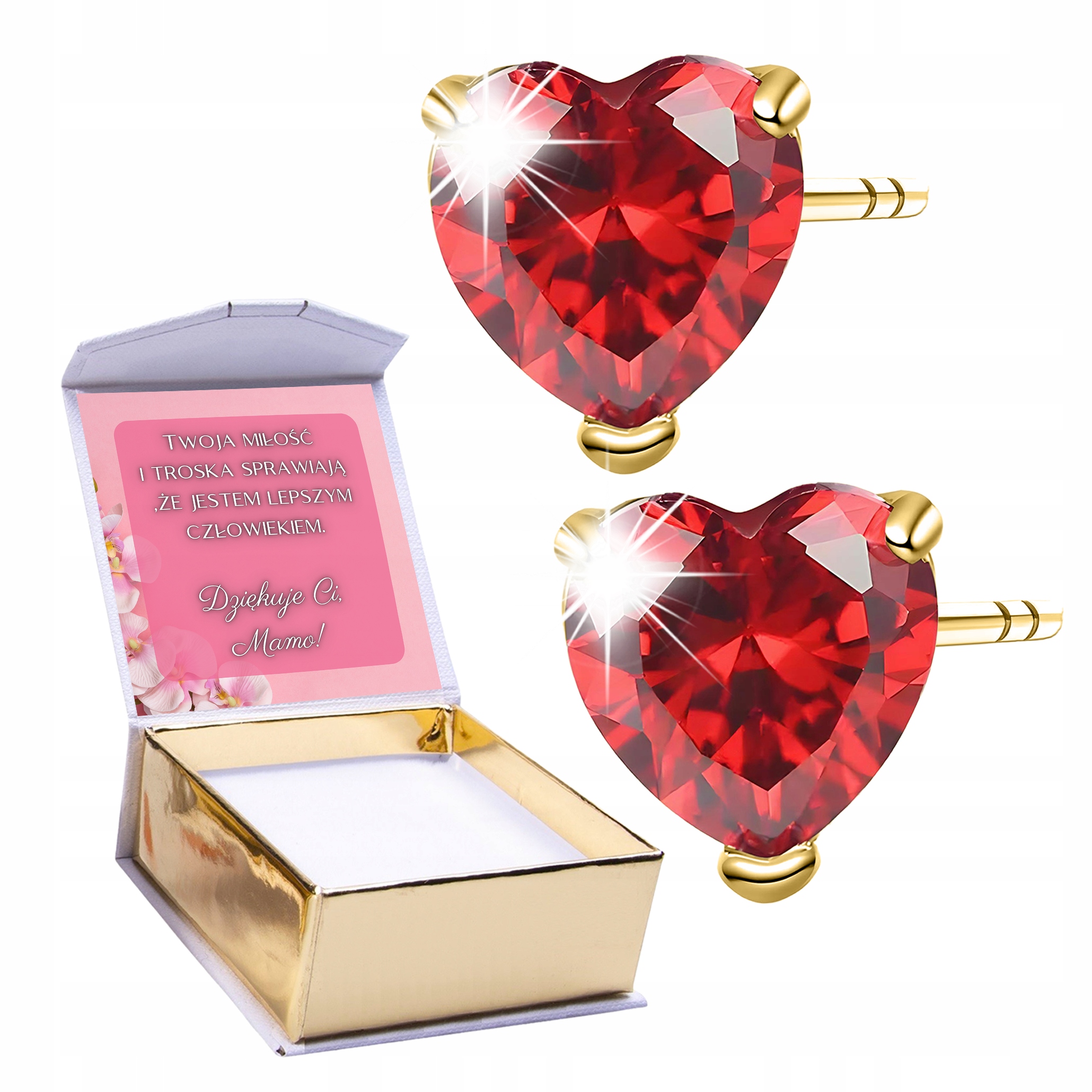 Zlaté Náušnice 925 na tyči Červené Křišťálové srdce Křišťály Potisk