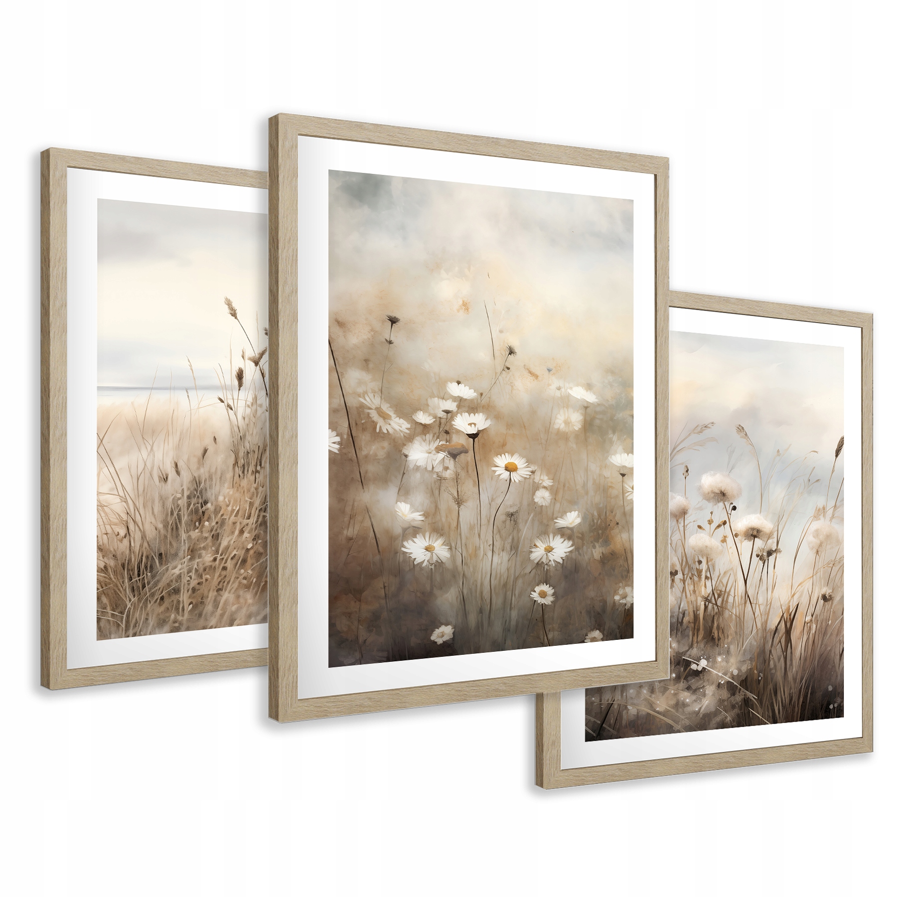 Zestaw Obrazy w ramie plakaty boho pampas sucha trawa kwiaty tryptyk 73x159