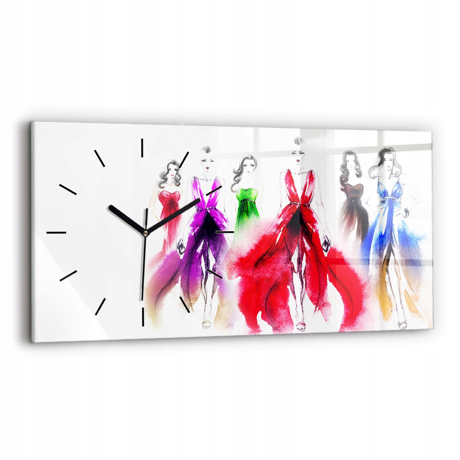 Tichý nástěnný hodinový stroj ze skla 60 cm x 30 cm Ženy v barevných šatech