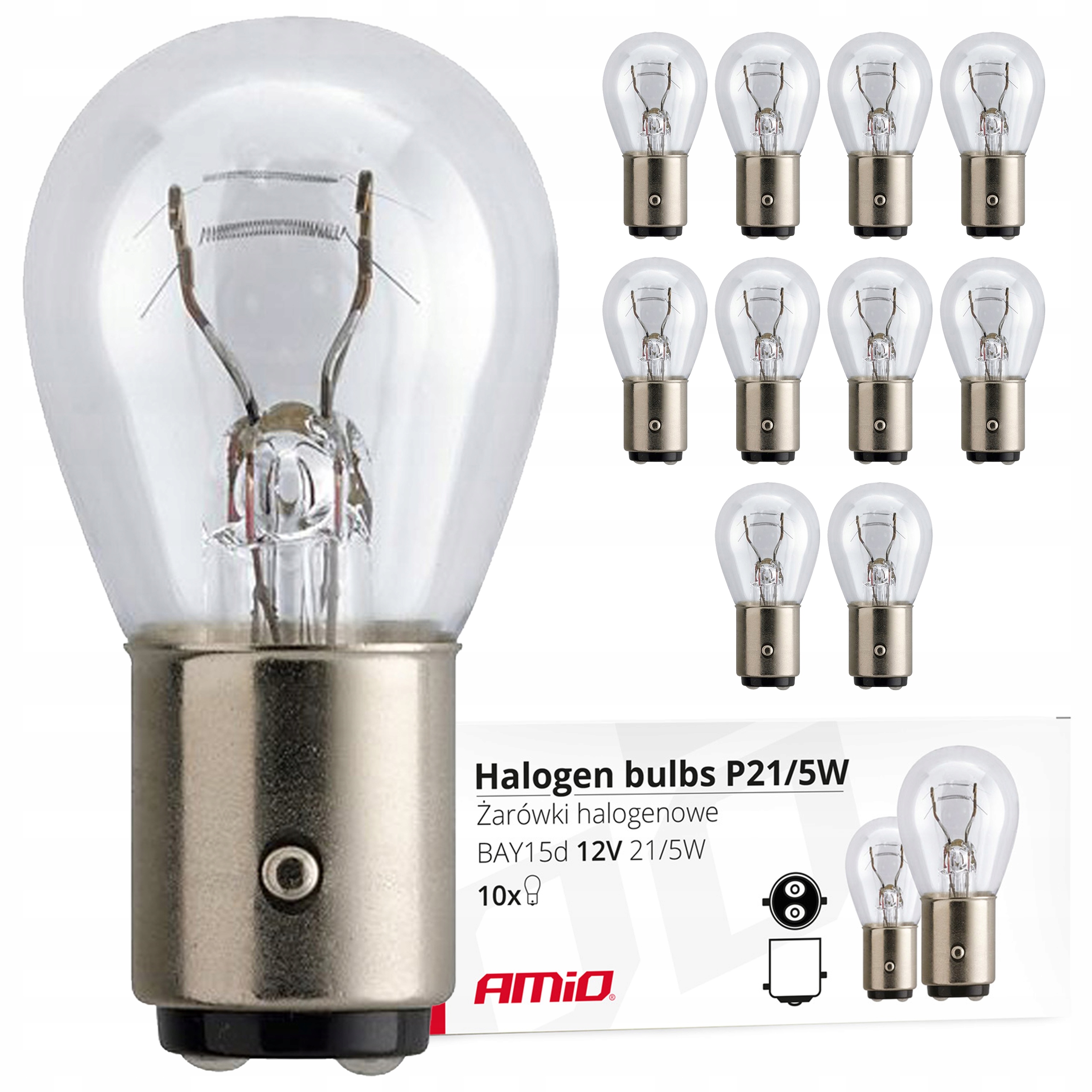 Żarówki halogenowe P21/5W BAY15D 12V 21W/5W 10 szt. (E8) Amio 01488