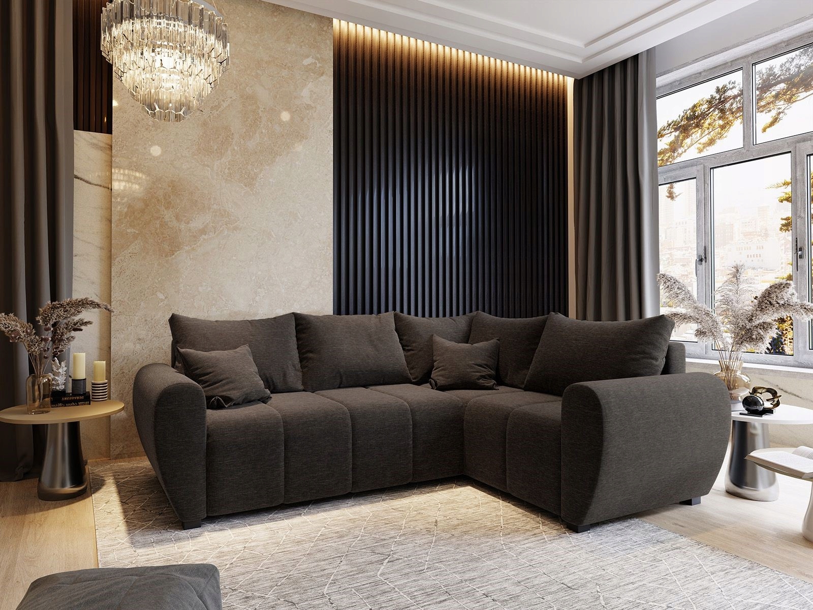 Rohová Sedací Souprava Madison Funkce Spaní Glamour Tkanina Pletená Hnědá