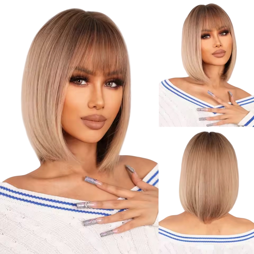 Peruka Damska blond ombre bob z grzywką jak naturalne włosy czepek