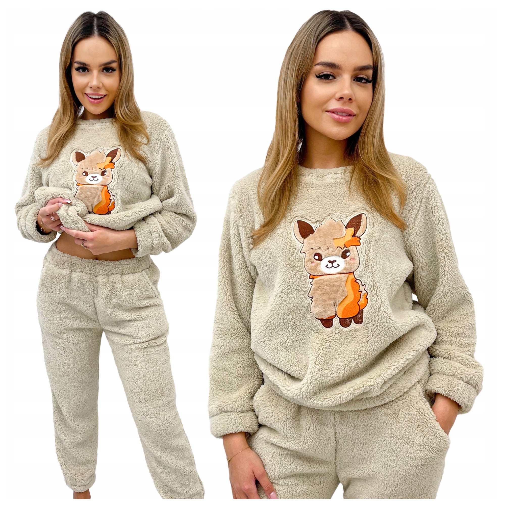 Dámské dvoudílné pyžamo Teplá Tlustá kapsa Výšivka Lama Béžová XL