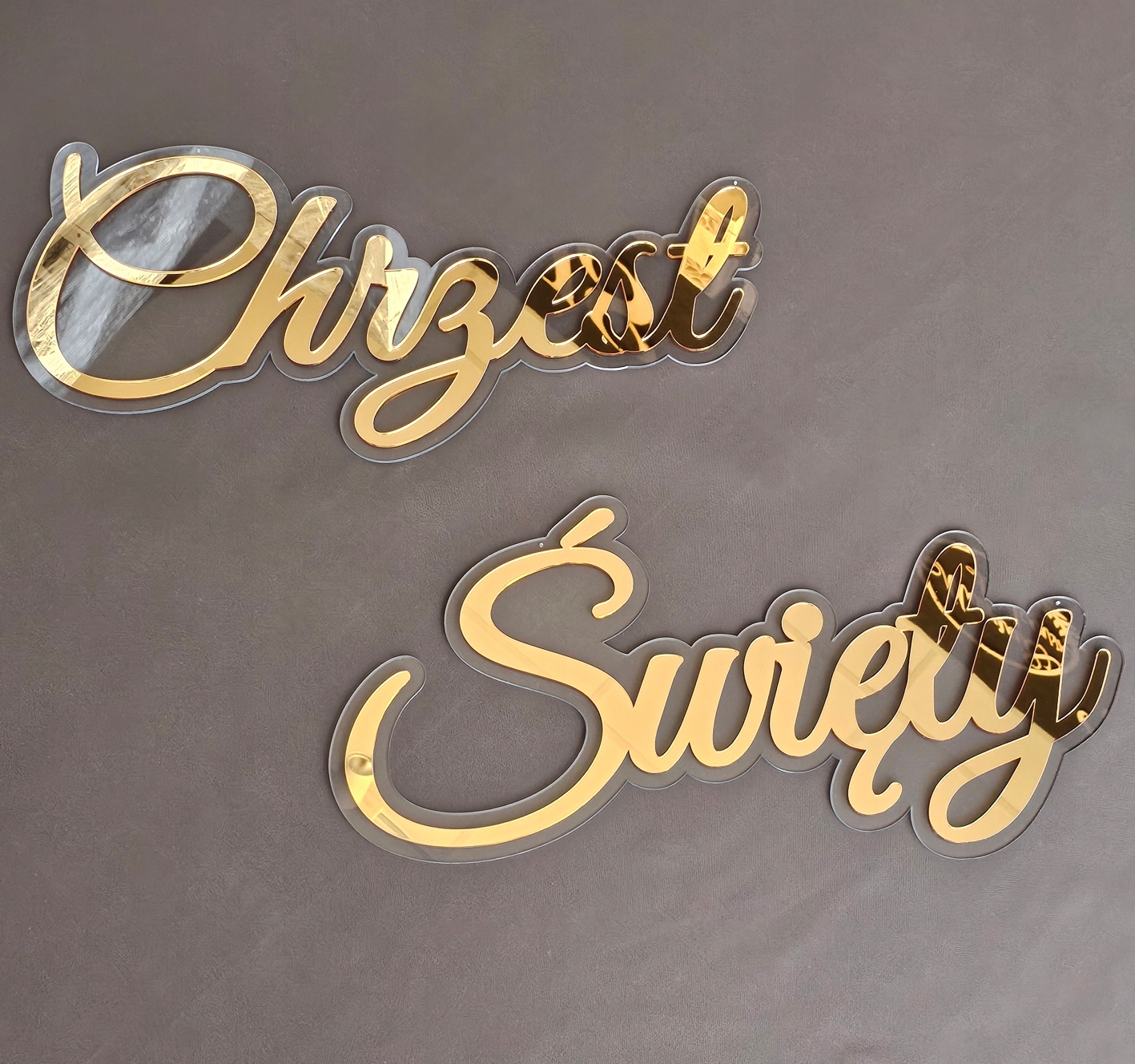 Velký zrcadlový zlatý nápis Svatý křest, zlaté dekorace, křestní ozdoby