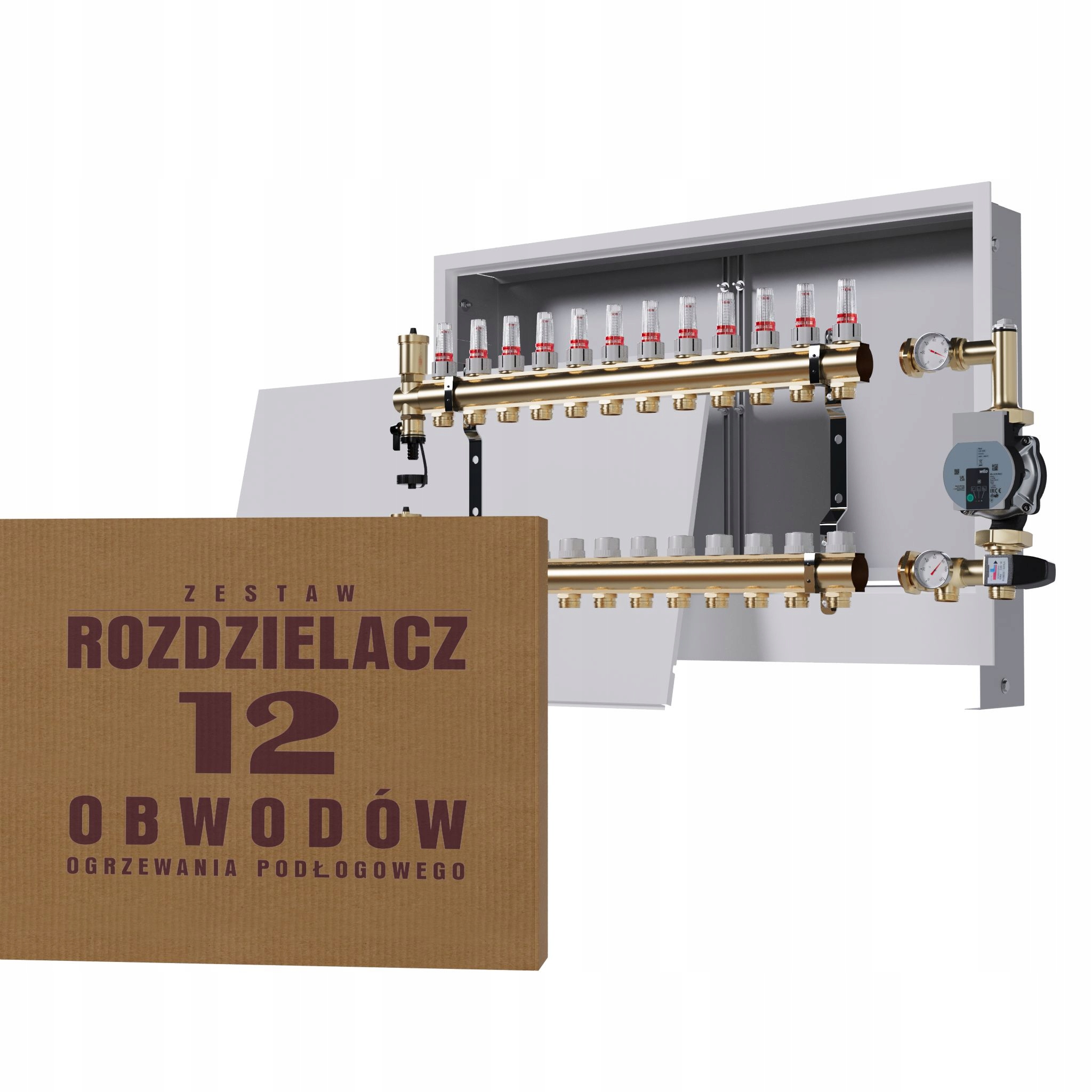 Rozdělovač pro podlahu 12 okruhů se skupinou Wilo podomítkový box
