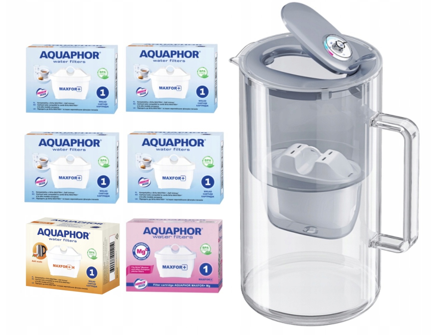 Dzbanek filtrujący szklany Aquaphor Glass 2,5l Szary 6 wkładów MIX