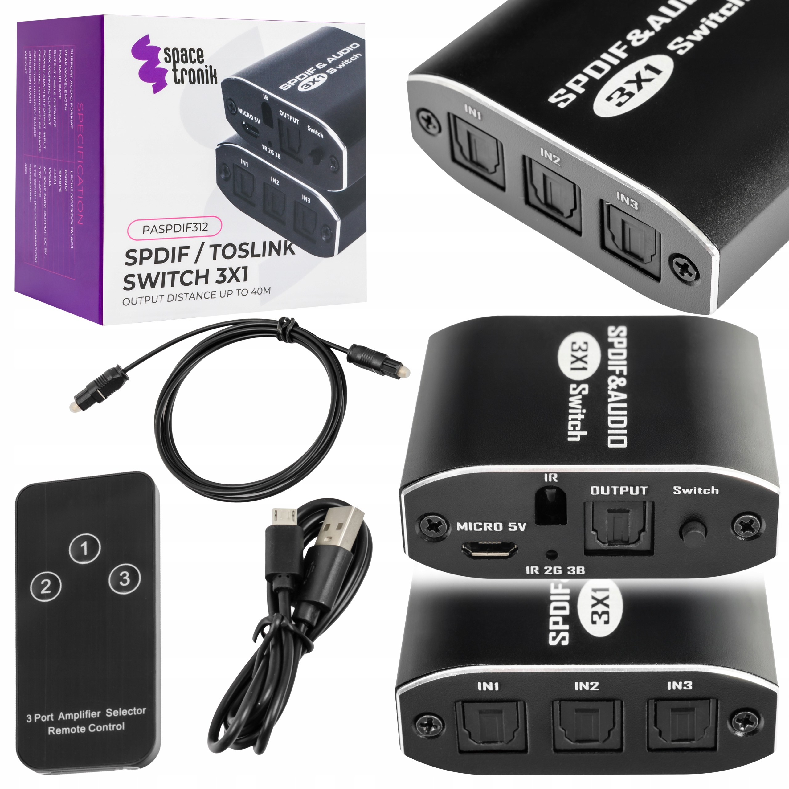 Optyczny Rozdzielacz AUDIO SPDIF Toslink 1x3 do 40m DTS Dolby Spacetronik