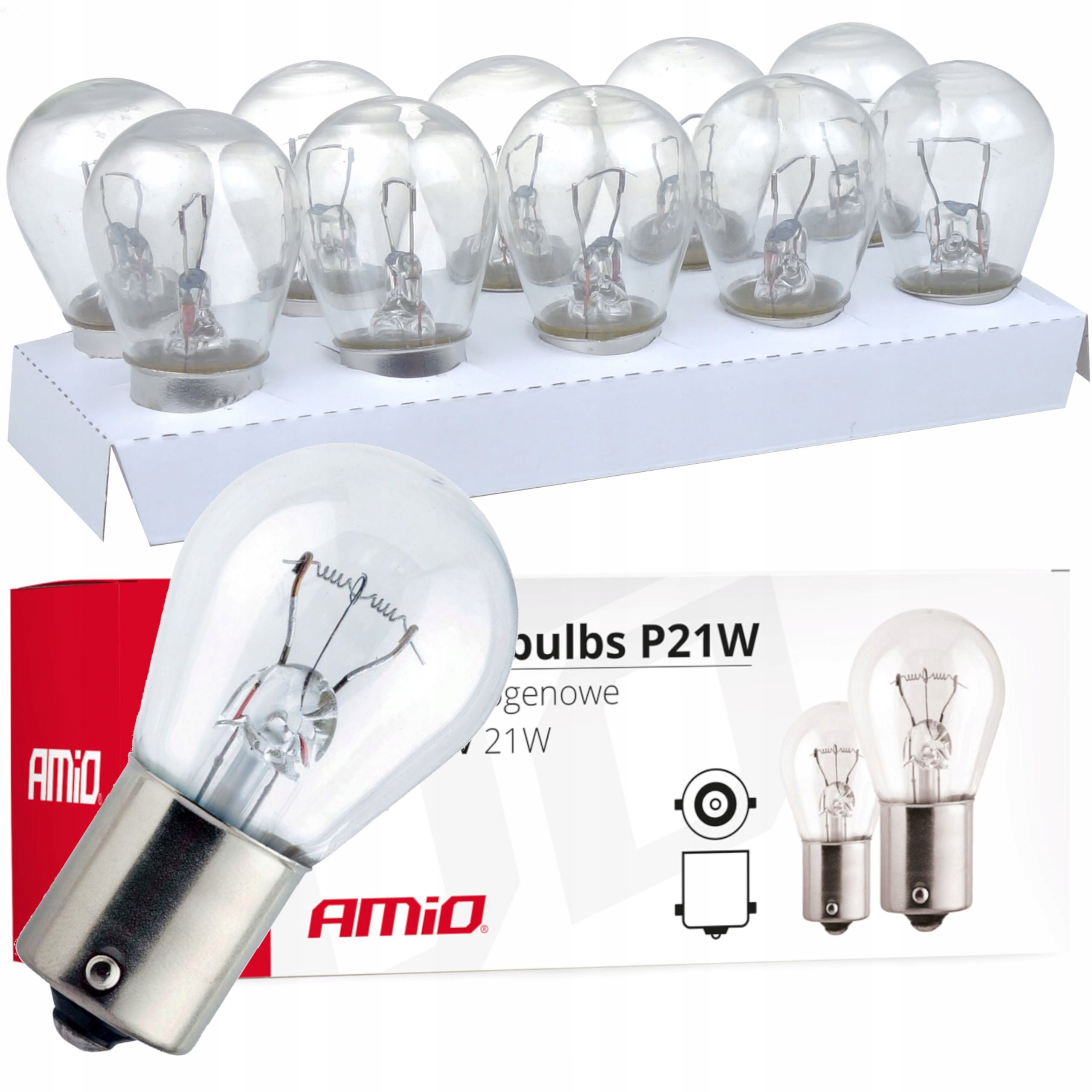 10x Żarówka halogenowa P21W BA15s 12V (E8) AMIO-01491 Homologacja