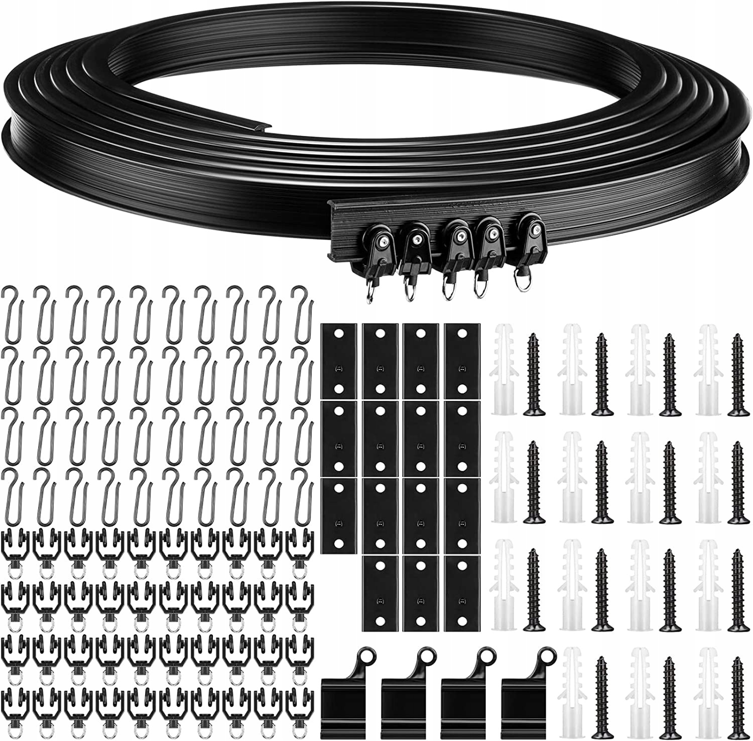 Elastický Garnýž Záclonová Lišta Set černá barva 500 cm s háky