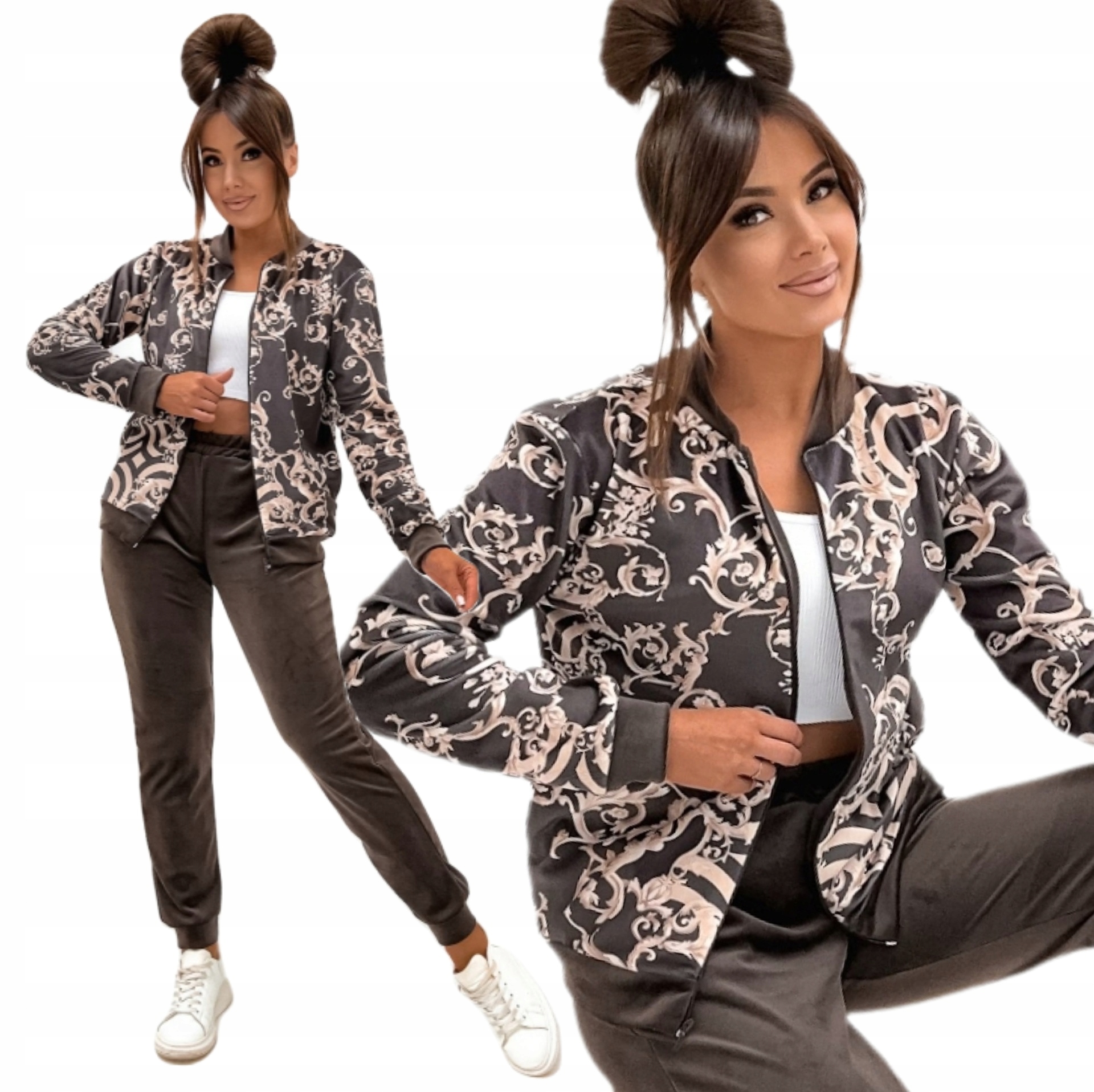 Dres welurowy Komplet Bluza Bomberka Rozpinana Czekolada Pl S/m