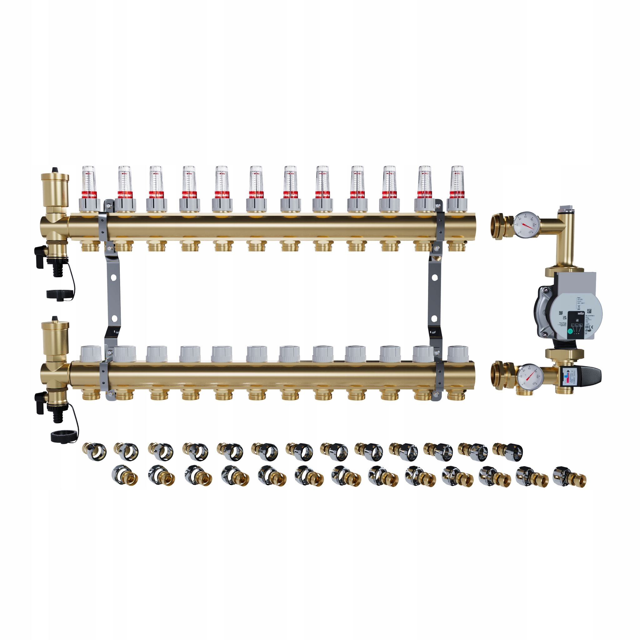 Rozdělovač pro podlahové topení 12 sekcí Spojky Pex Čerpadlo Wilo