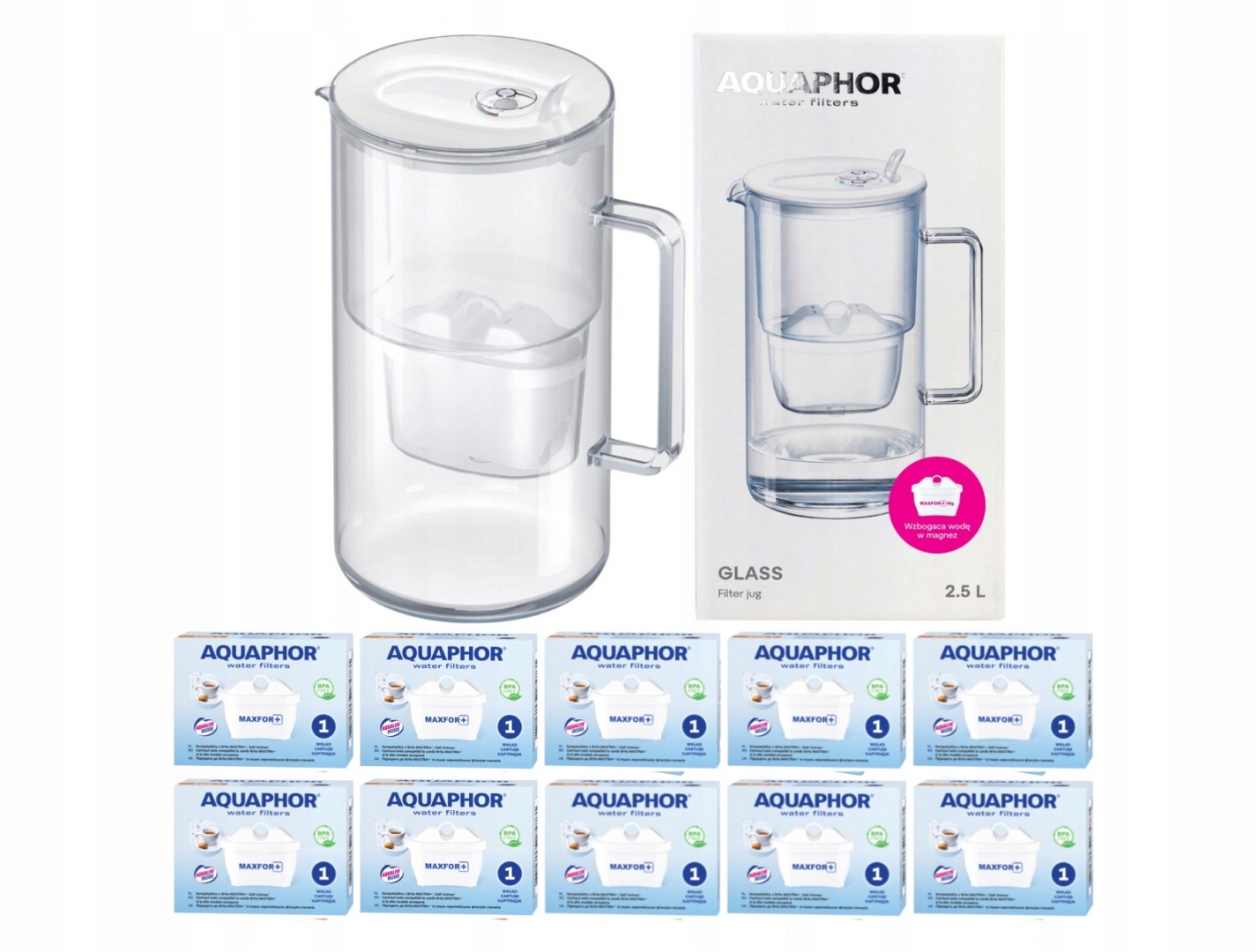 Szklany Dzbanek filtrujący wodę Aquaphor Glass Biały +10 filtrów Maxfor+