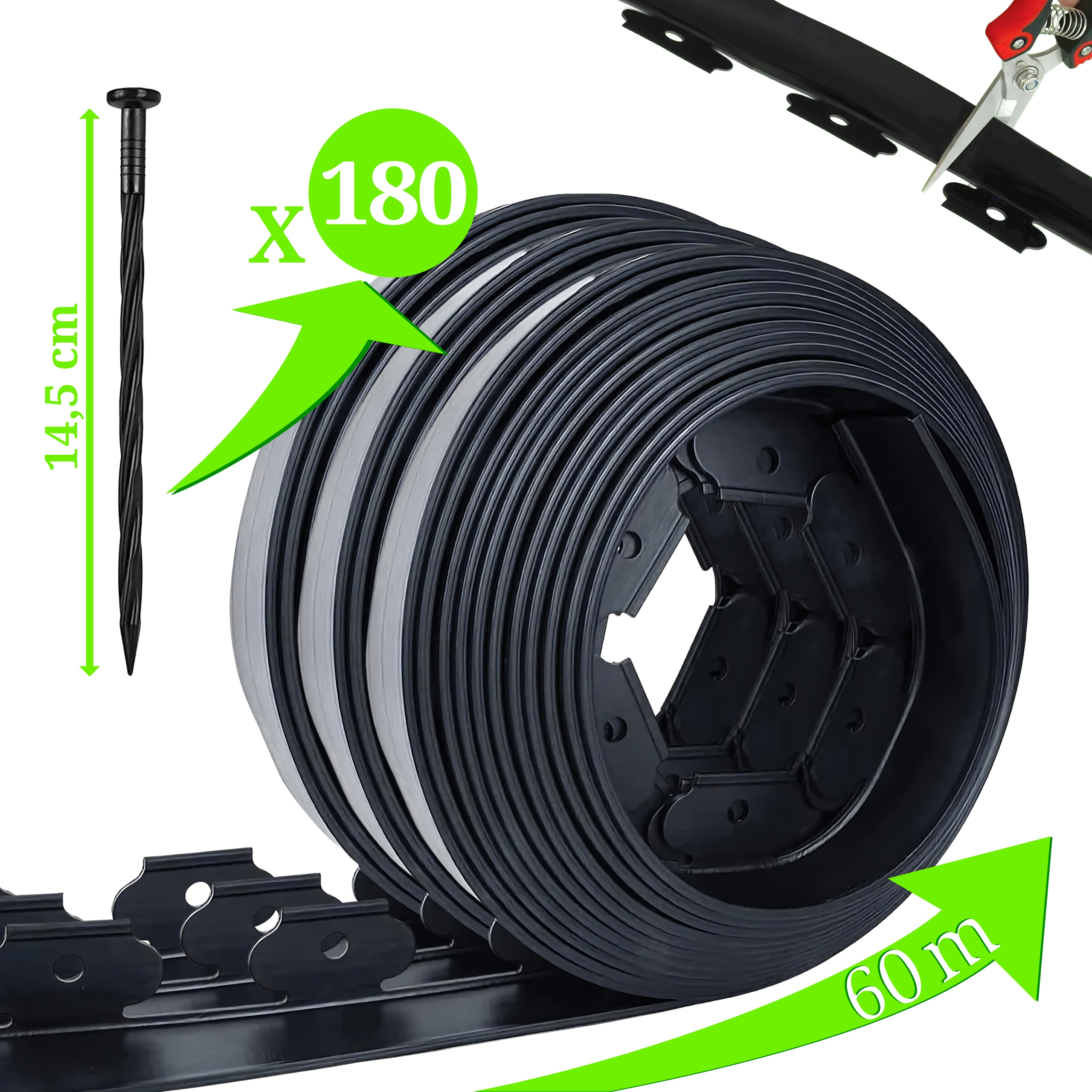 3x Trávníkový Lem Zahradní sada 40x50x20m 60 kolíků Kotvících Kolíků Černá