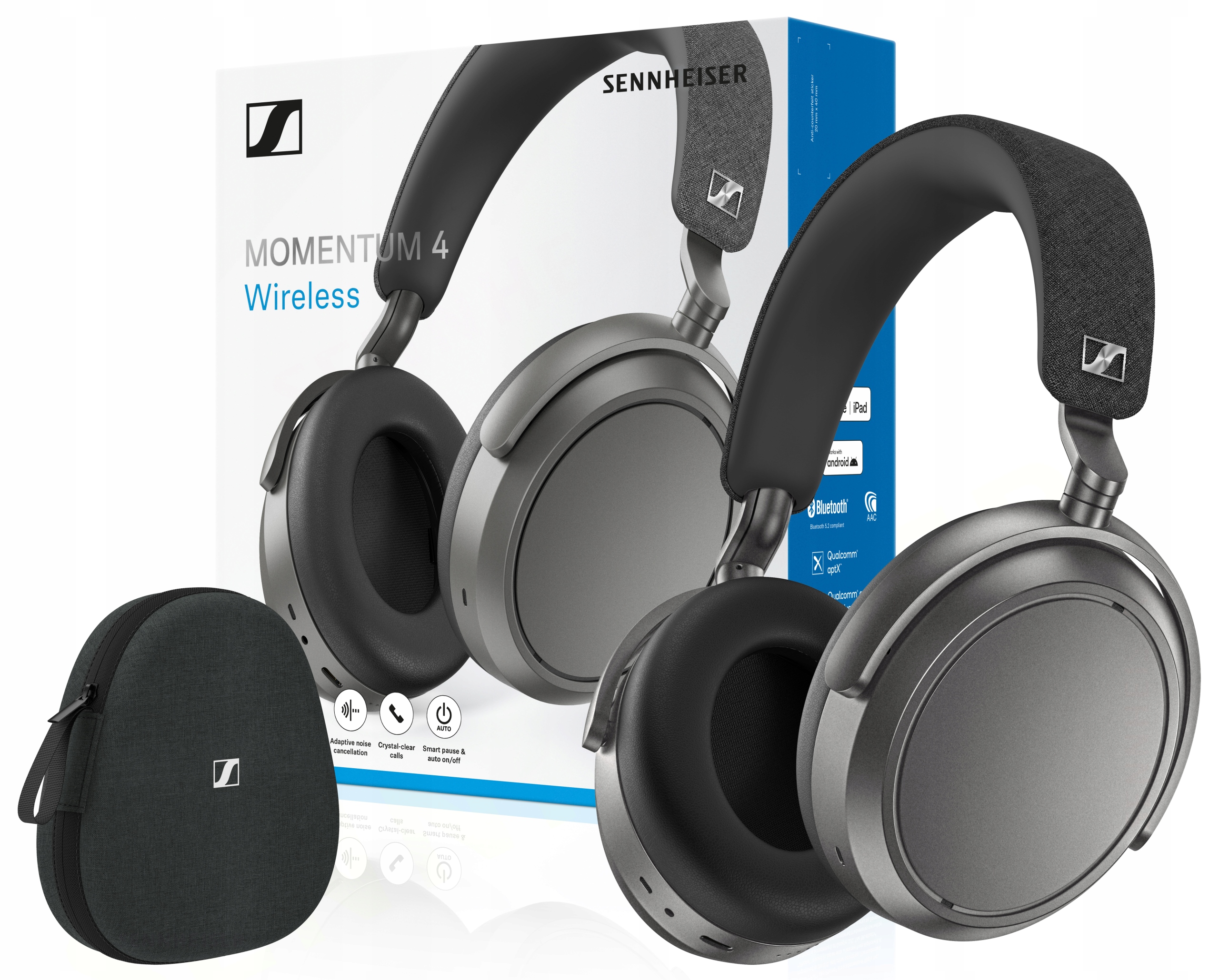 Sluchátka Sennheiser Momentum 4 Graphite, 60h výdrž, aptX, Hybrid Anc Pouzdro