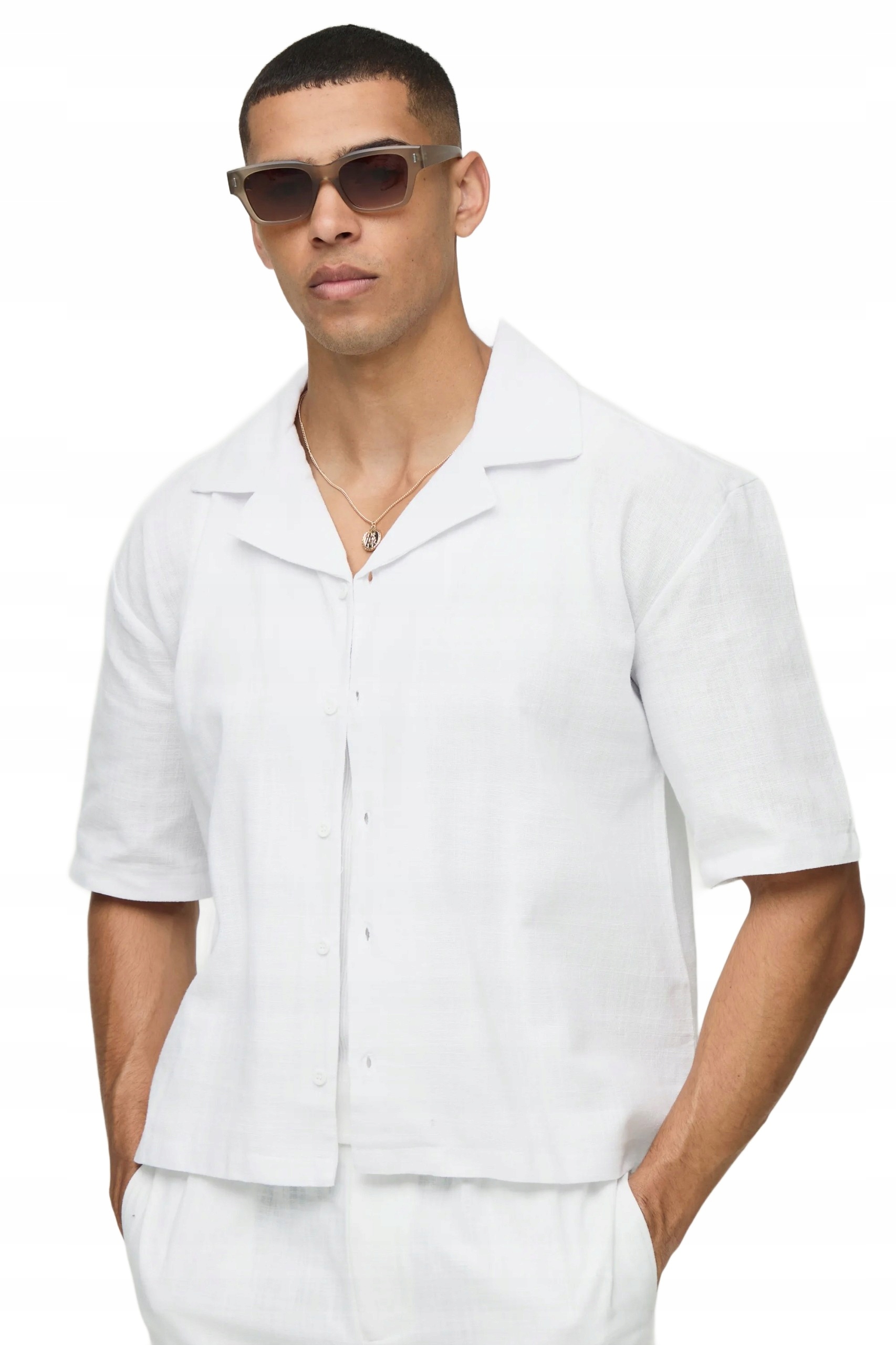 Boohooman Bílá Pánská Košile Casual Krátký Rukáv Límeček Knoflíky L Z3A