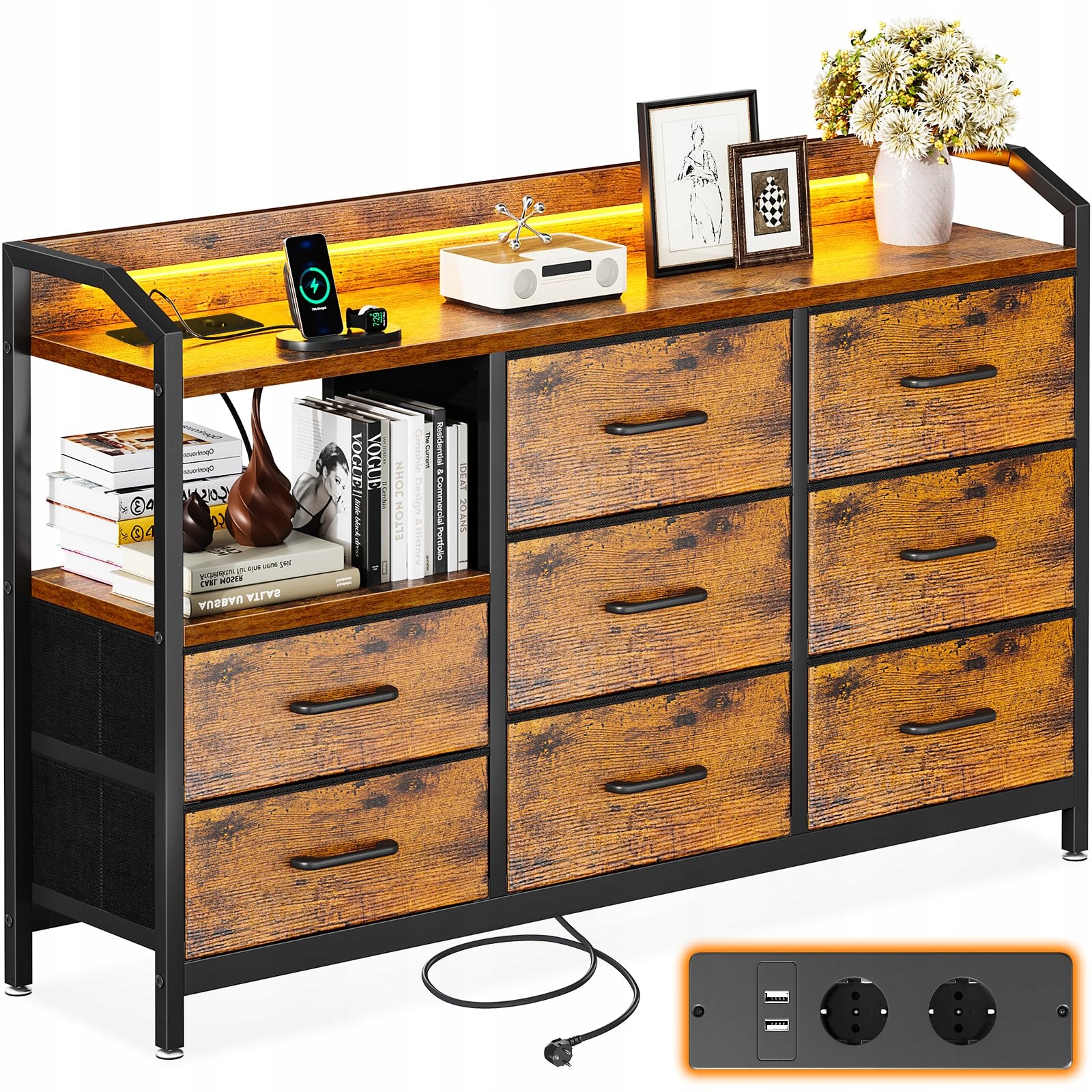 Komoda 8 zásuviek Led Usb zásuvky 110 cm Odk retro skrinka