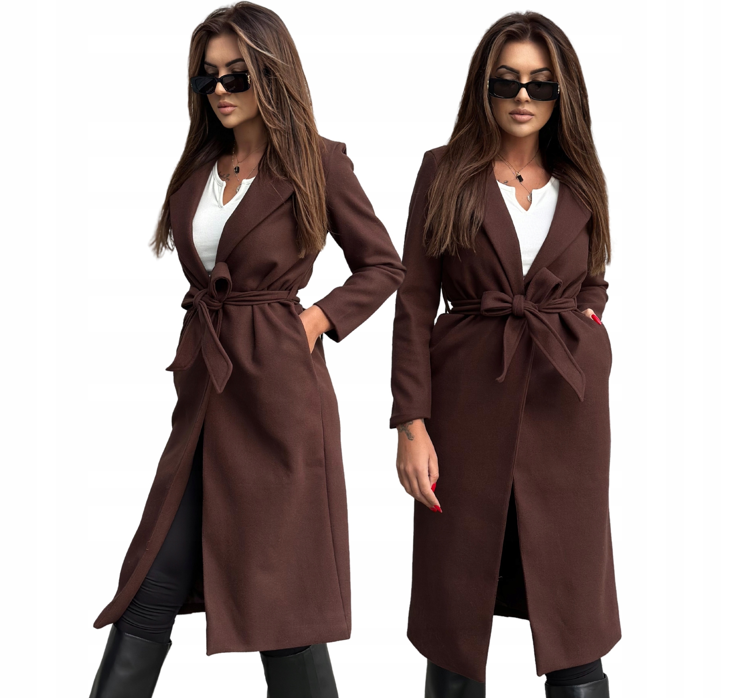 Elegantní dámský kabát dlouhý, vázaný, flaušový, klasická čokoláda XL