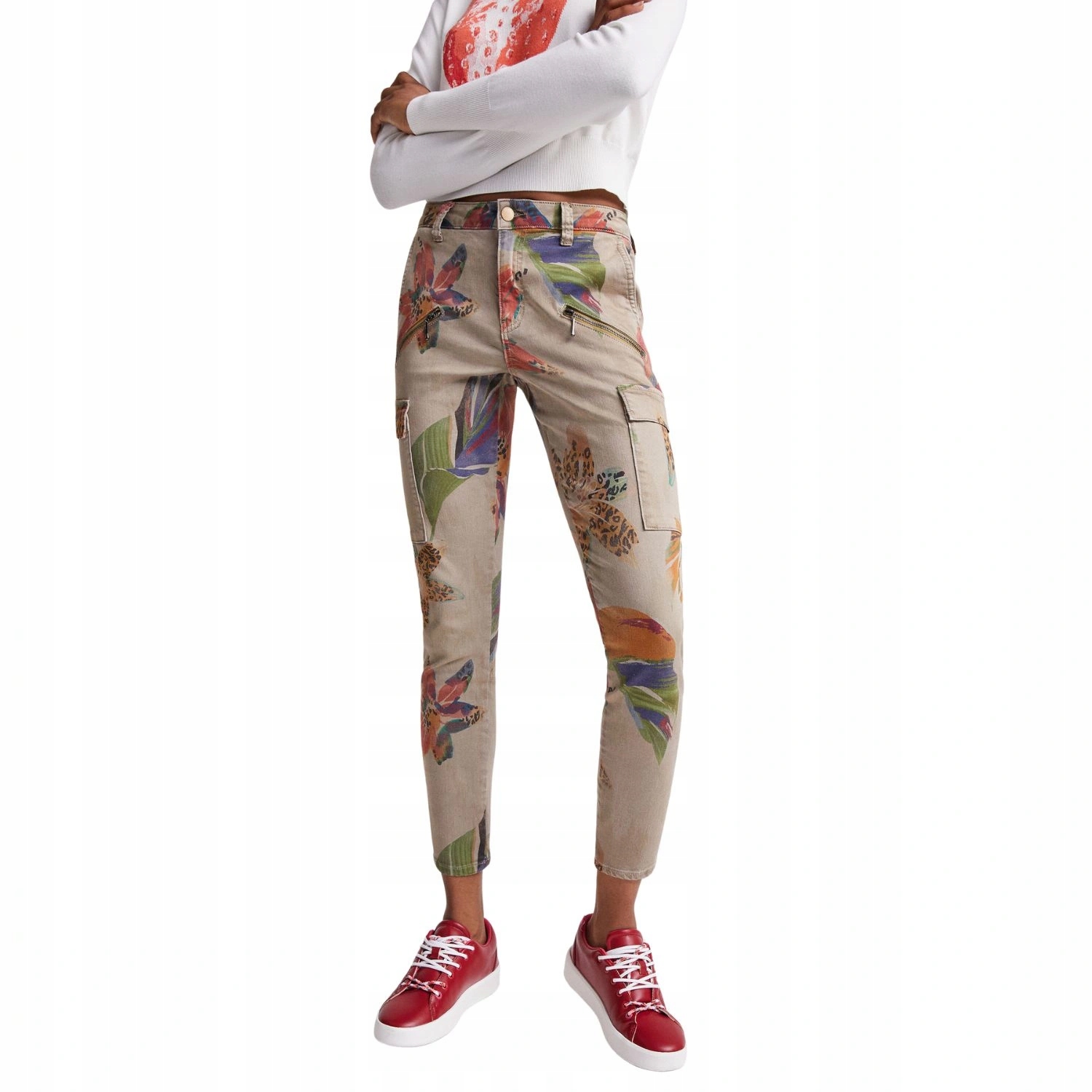 Dámské kalhoty Desigual Tropi cigaretového střihu se vzory hnědé vel. 34