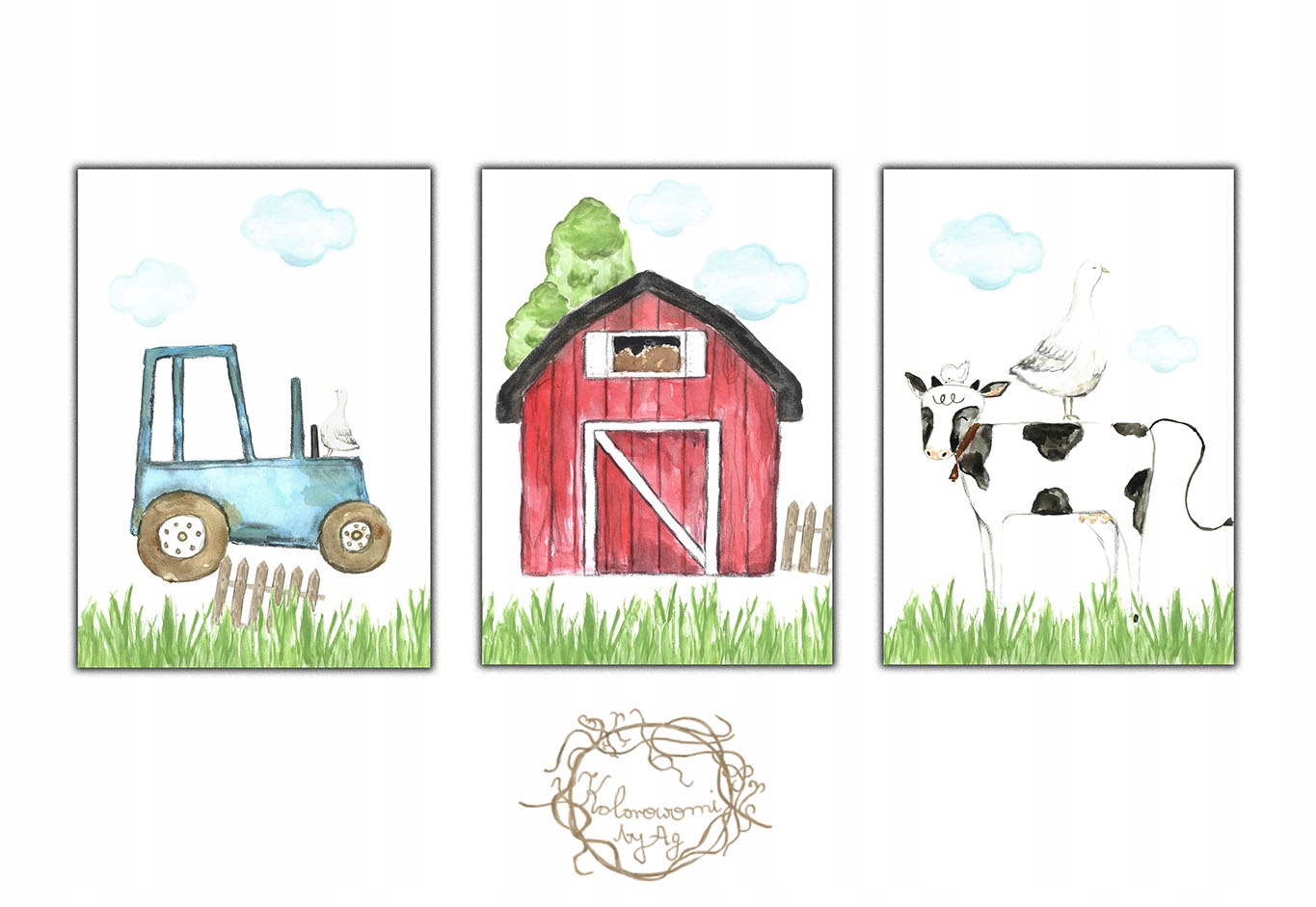 

3 x plakat, obraz wieś, farma, krowa, traktor a4