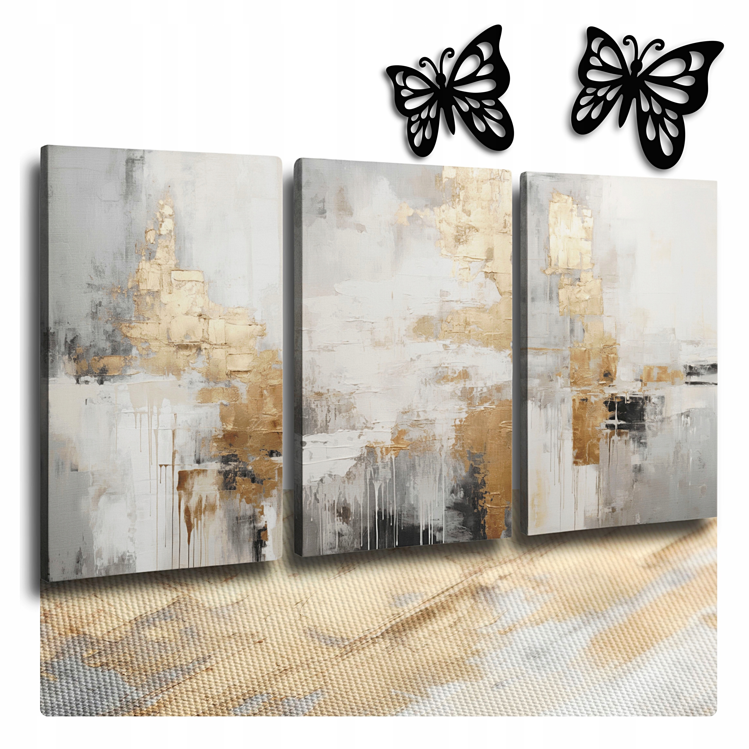 Zestaw 3 Obrazów Tryptyk 150x70cm Obrazy Na Płótnie Złota Dekoracja Ścienna