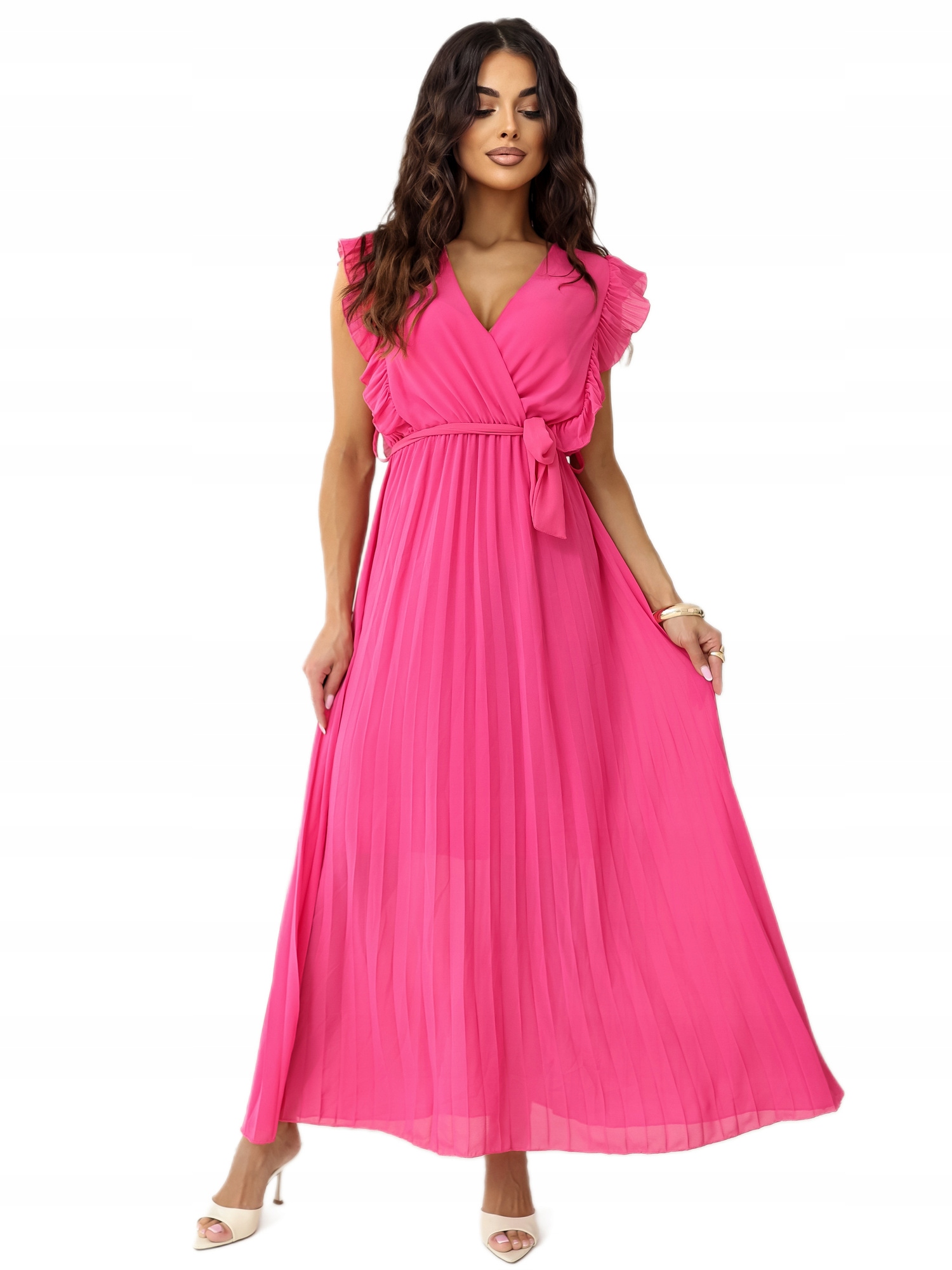 Sukienka Letnia Damska Rozkloszowana z Wiązanym Paskiem Plisowany Dół