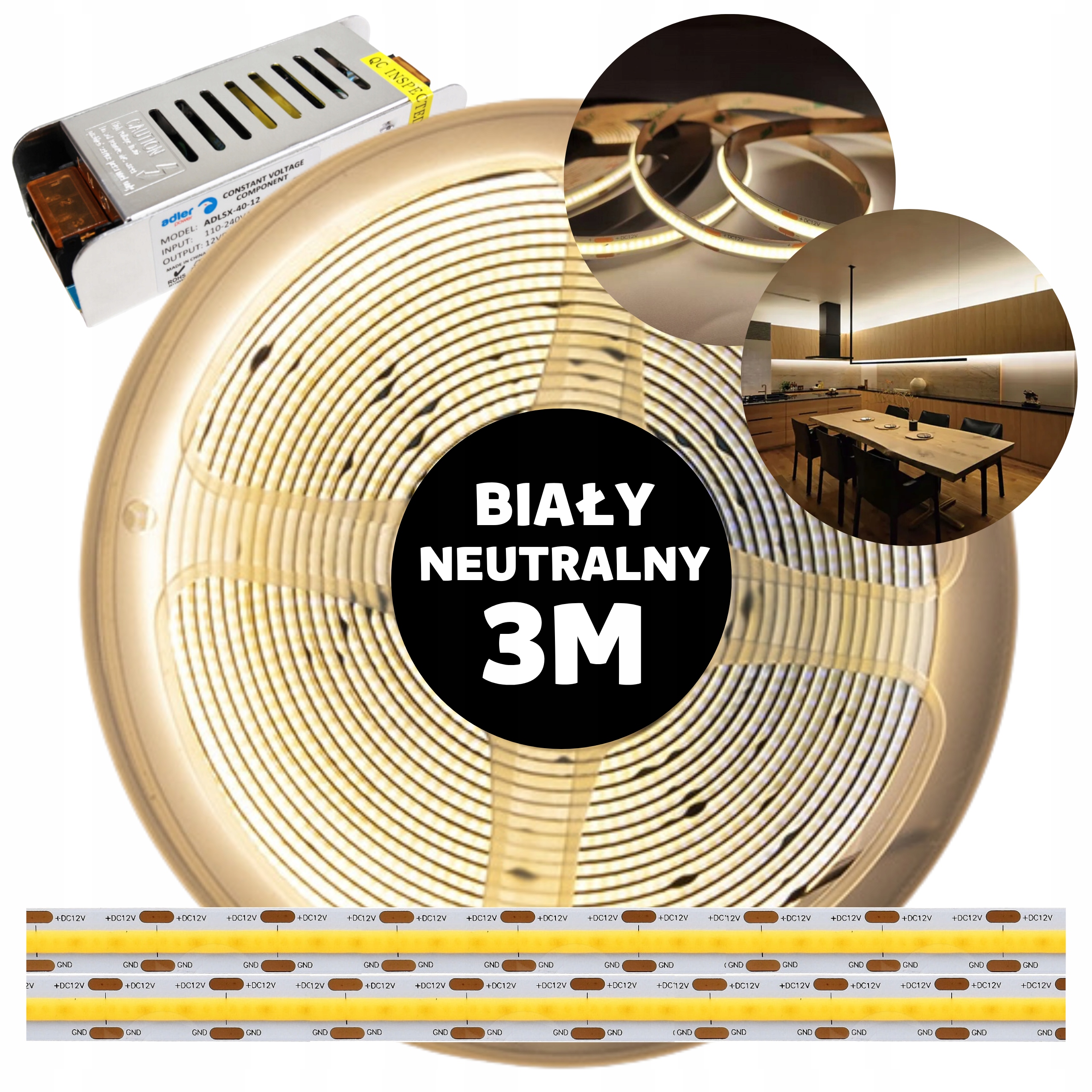 Pásek Led Cob kontinuální neonová linka s napájecím zdrojem neutrální bílá 12V 3M