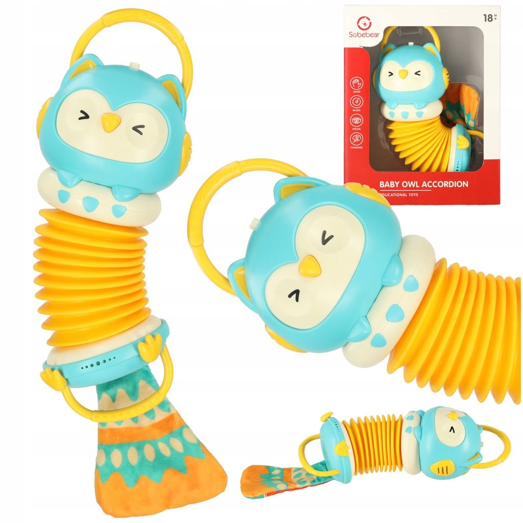 Harmonia akordeon zabawka sensoryczna dla dzieci sowa niebieska grająca LED