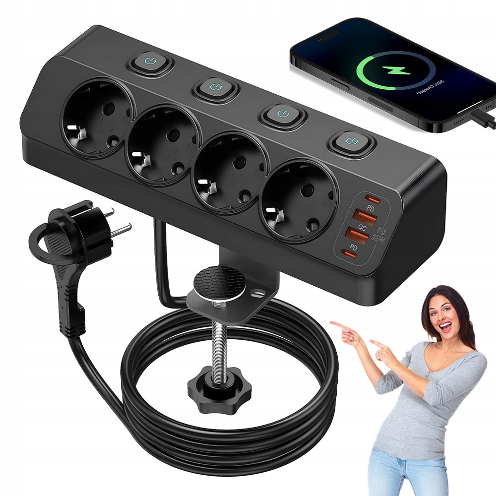 Prodlužovací Kabel Zásuvková Lišta 2M 4 Zásuvky 4 x Usb S Vypínači Černá
