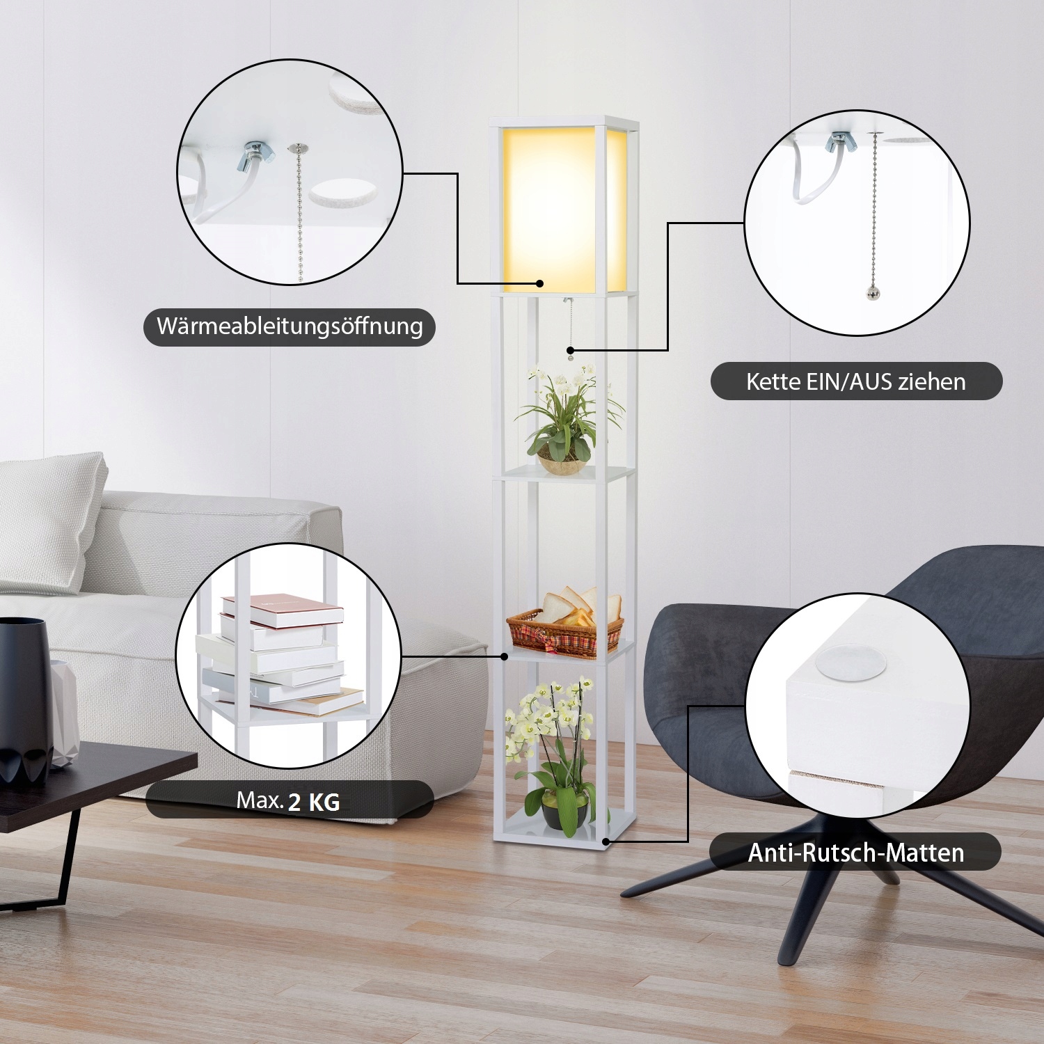 Lampa stojąca podłogowa drewno PÓŁKA biały 160cm Marka inna